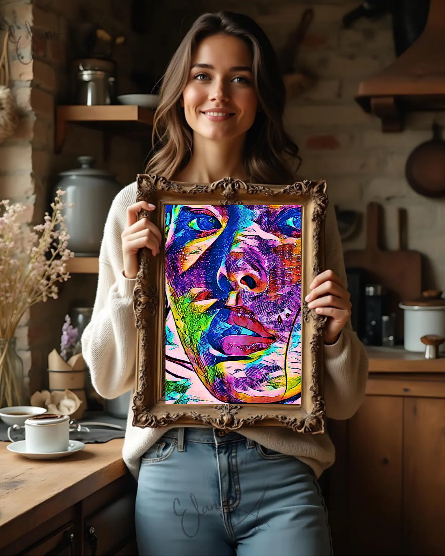 SPEAK UP - An Original Vibrant Pink Blue Colorful Asian Woman Face Portrait Open Mouth Impressionistic Wall Artwork Print by ElaniArt