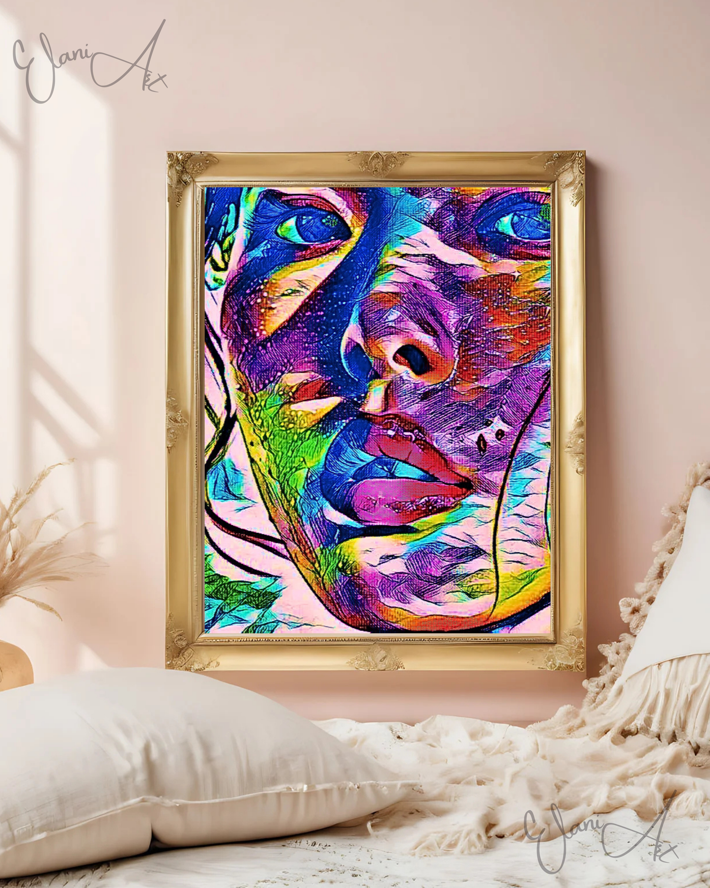 SPEAK UP - An Original Vibrant Pink Blue Colorful Asian Woman Face Portrait Open Mouth Impressionistic Wall Artwork Print by ElaniArt