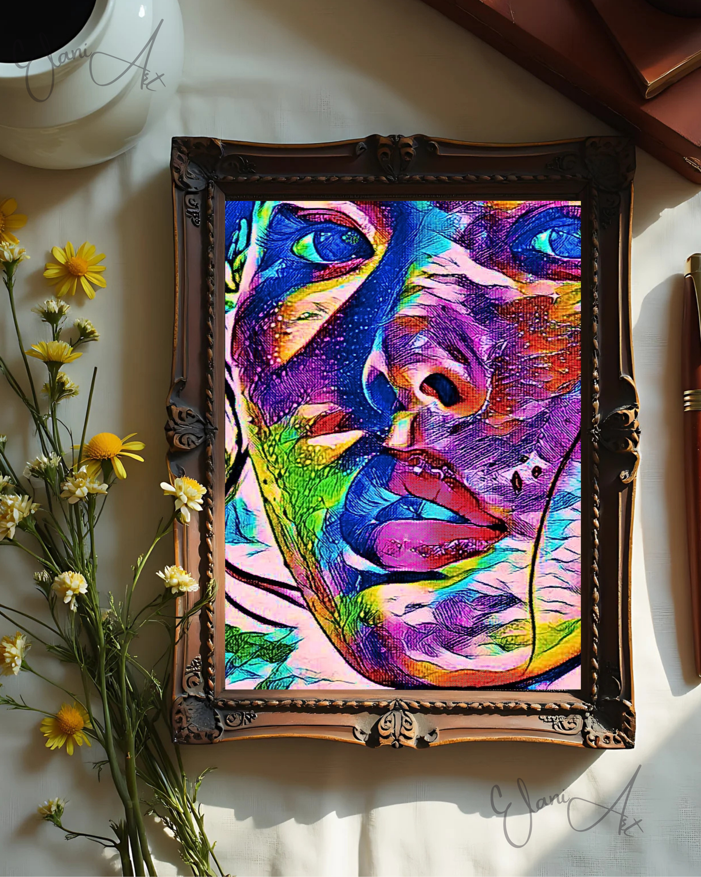 SPEAK UP - An Original Vibrant Pink Blue Colorful Asian Woman Face Portrait Open Mouth Impressionistic Wall Artwork Print by ElaniArt