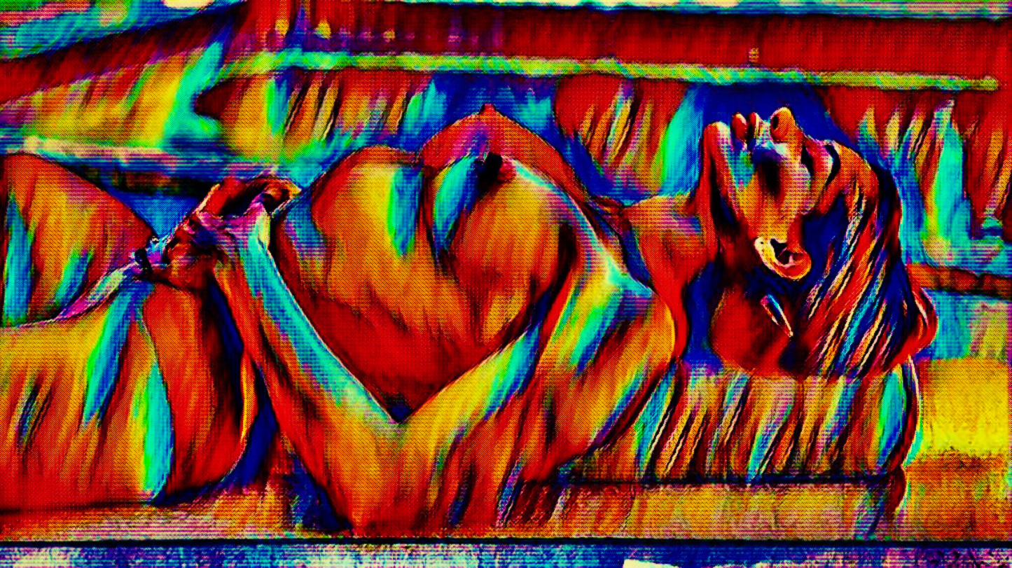 SUNBATHING - An Original Vibrant Red Blue Colorful Erotic Nude Woman Sunbathing Impressionistic Wall Artwork Print - Erotic Art by ElaniArt