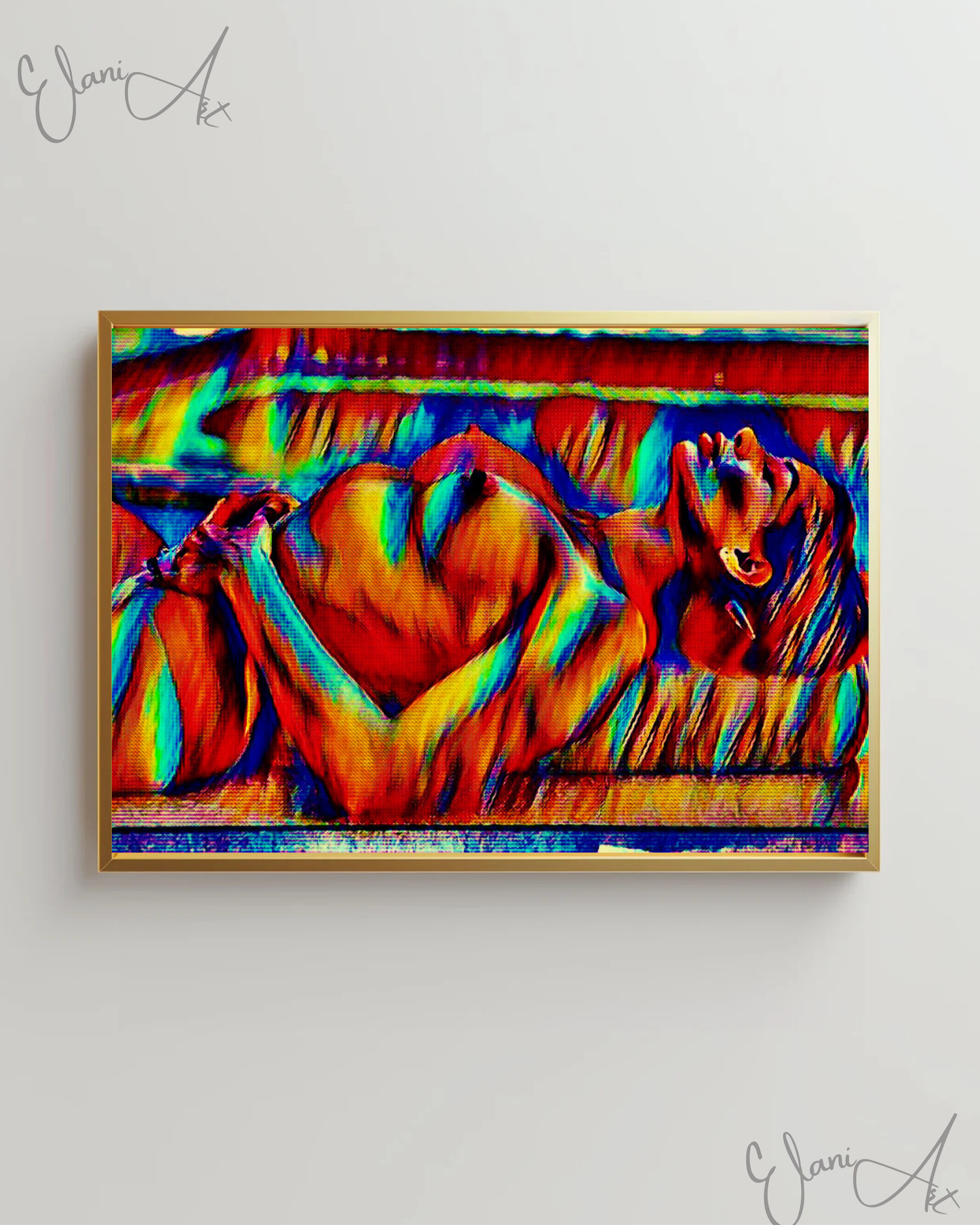 SUNBATHING - An Original Vibrant Red Blue Colorful Erotic Nude Woman Sunbathing Impressionistic Wall Artwork Print - Erotic Art by ElaniArt