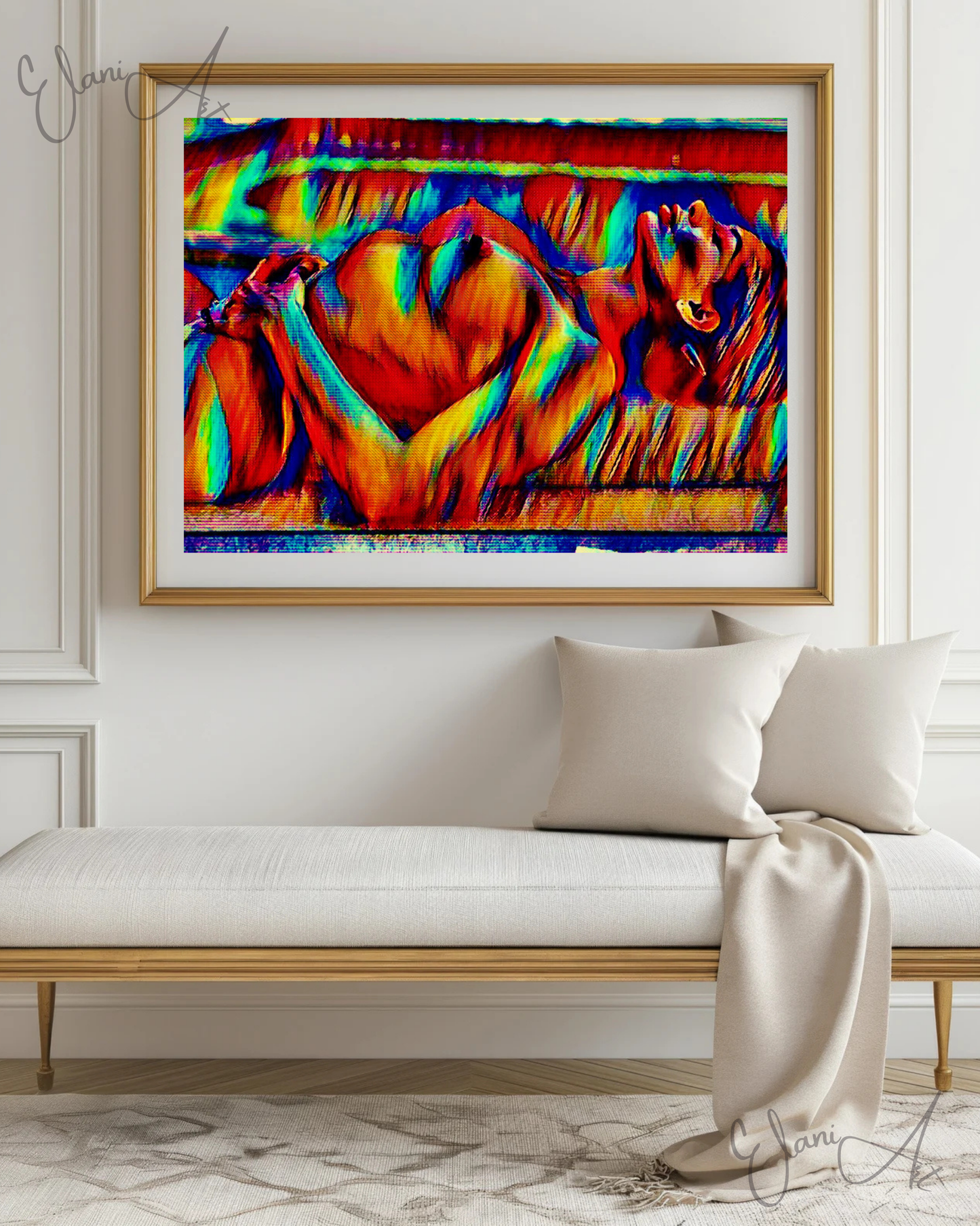 SUNBATHING - An Original Vibrant Red Blue Colorful Erotic Nude Woman Sunbathing Impressionistic Wall Artwork Print - Erotic Art by ElaniArt