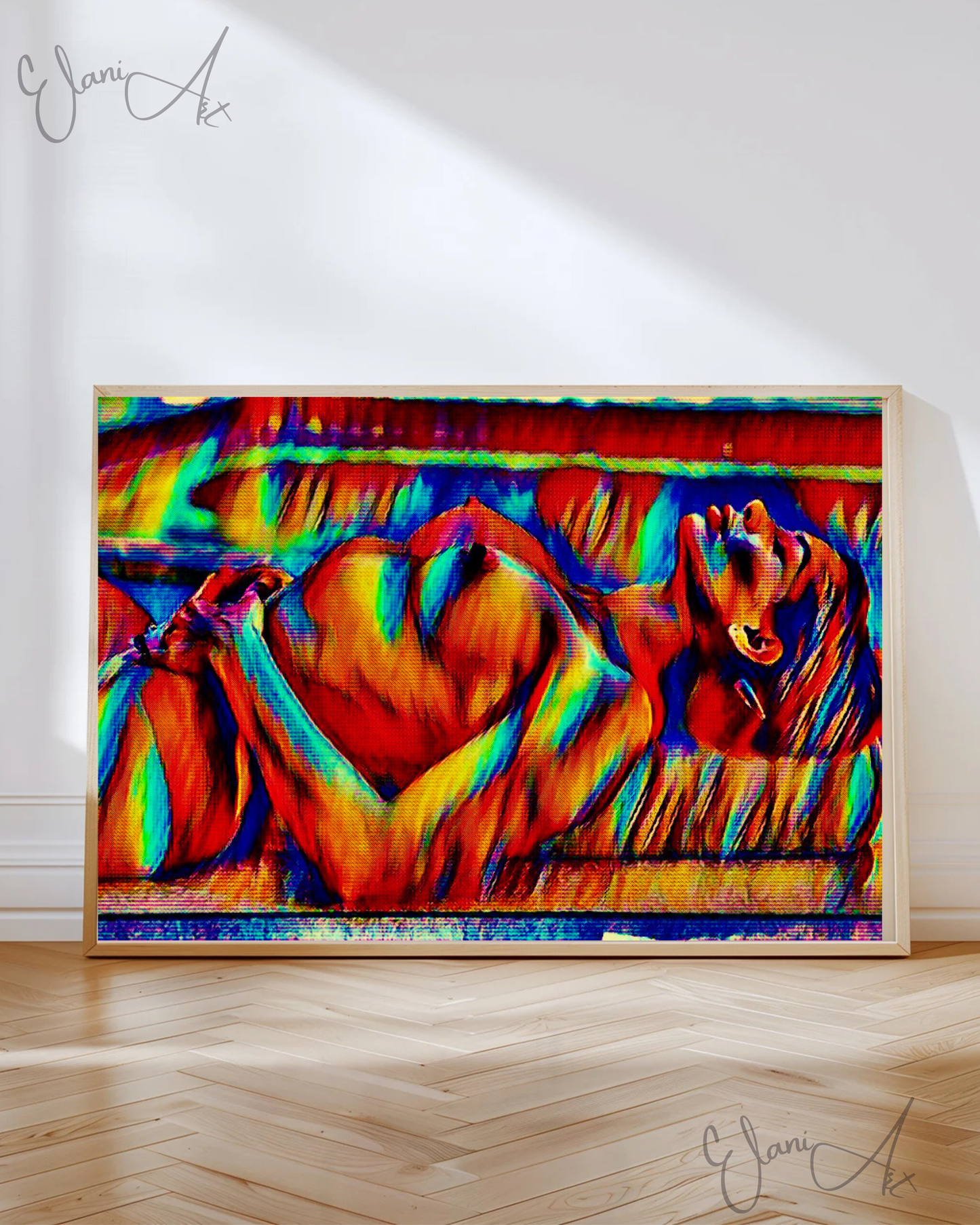 SUNBATHING - An Original Vibrant Red Blue Colorful Erotic Nude Woman Sunbathing Impressionistic Wall Artwork Print - Erotic Art by ElaniArt