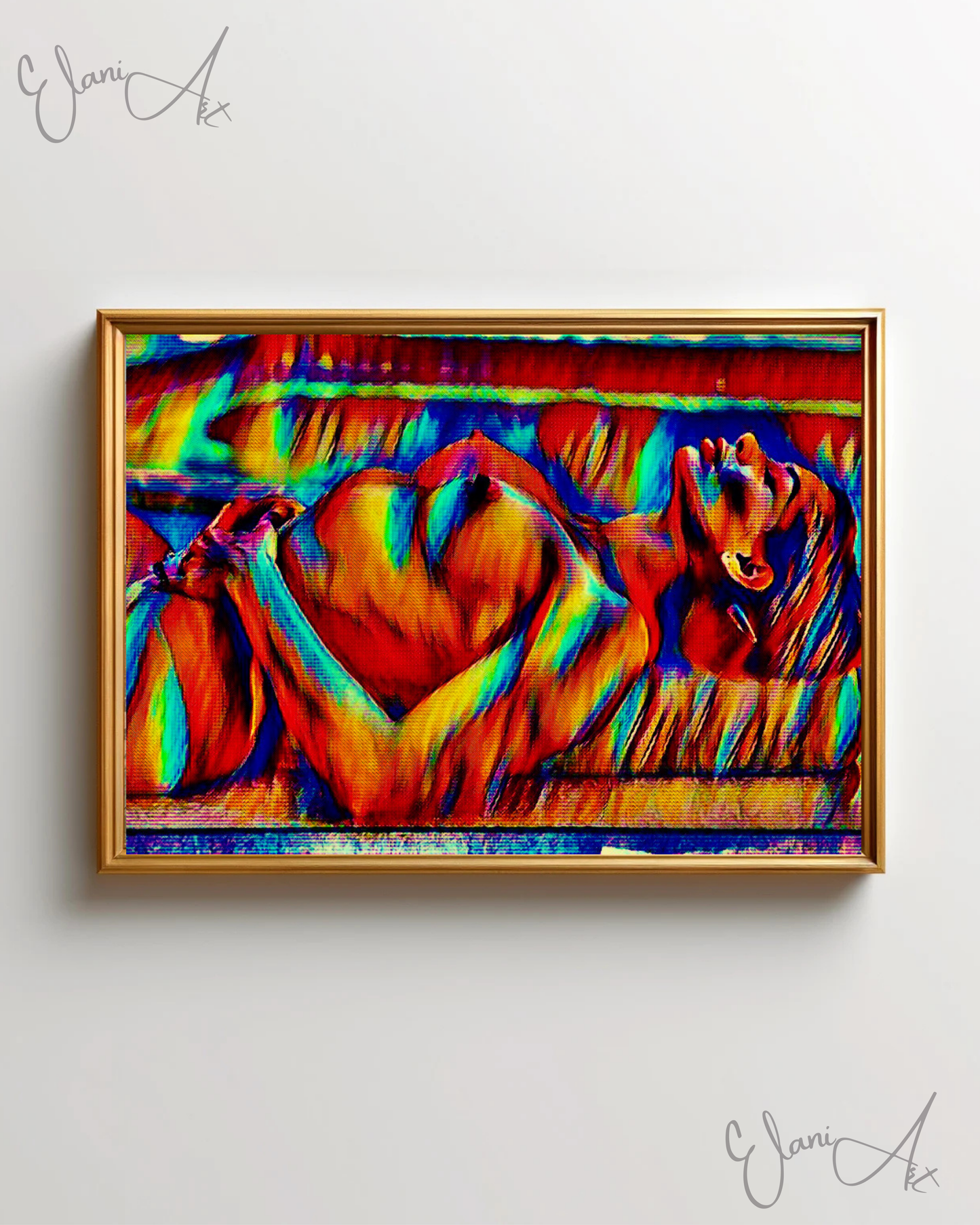 SUNBATHING - An Original Vibrant Red Blue Colorful Erotic Nude Woman Sunbathing Impressionistic Wall Artwork Print - Erotic Art by ElaniArt