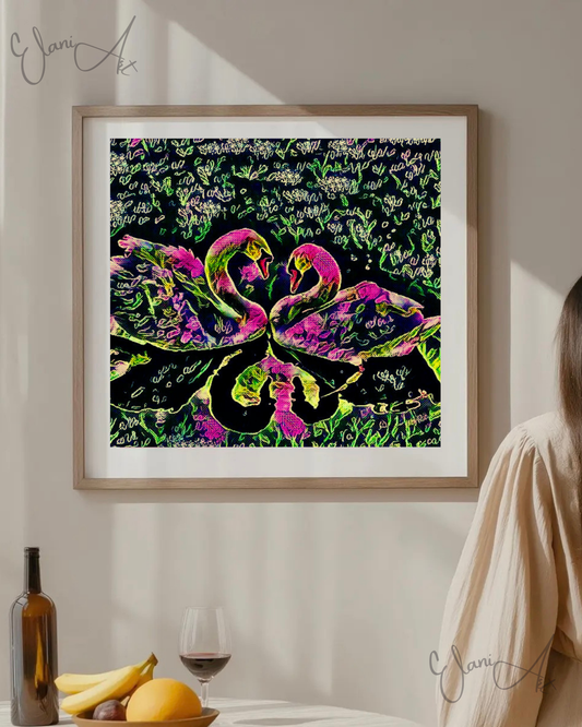 SWAN LOVE - An Original Vibrant Colorful Pink Black Two Swans Swan Couple in a Grassy Pond Impressionistic Wall Artwork Print by ElaniArt