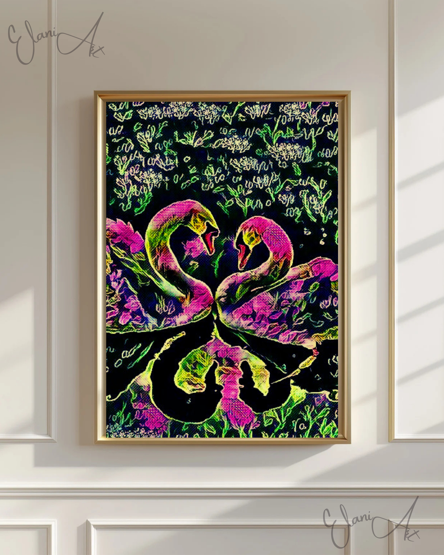 SWAN LOVE - An Original Vibrant Colorful Pink Black Two Swans Swan Couple in a Grassy Pond Impressionistic Wall Artwork Print by ElaniArt