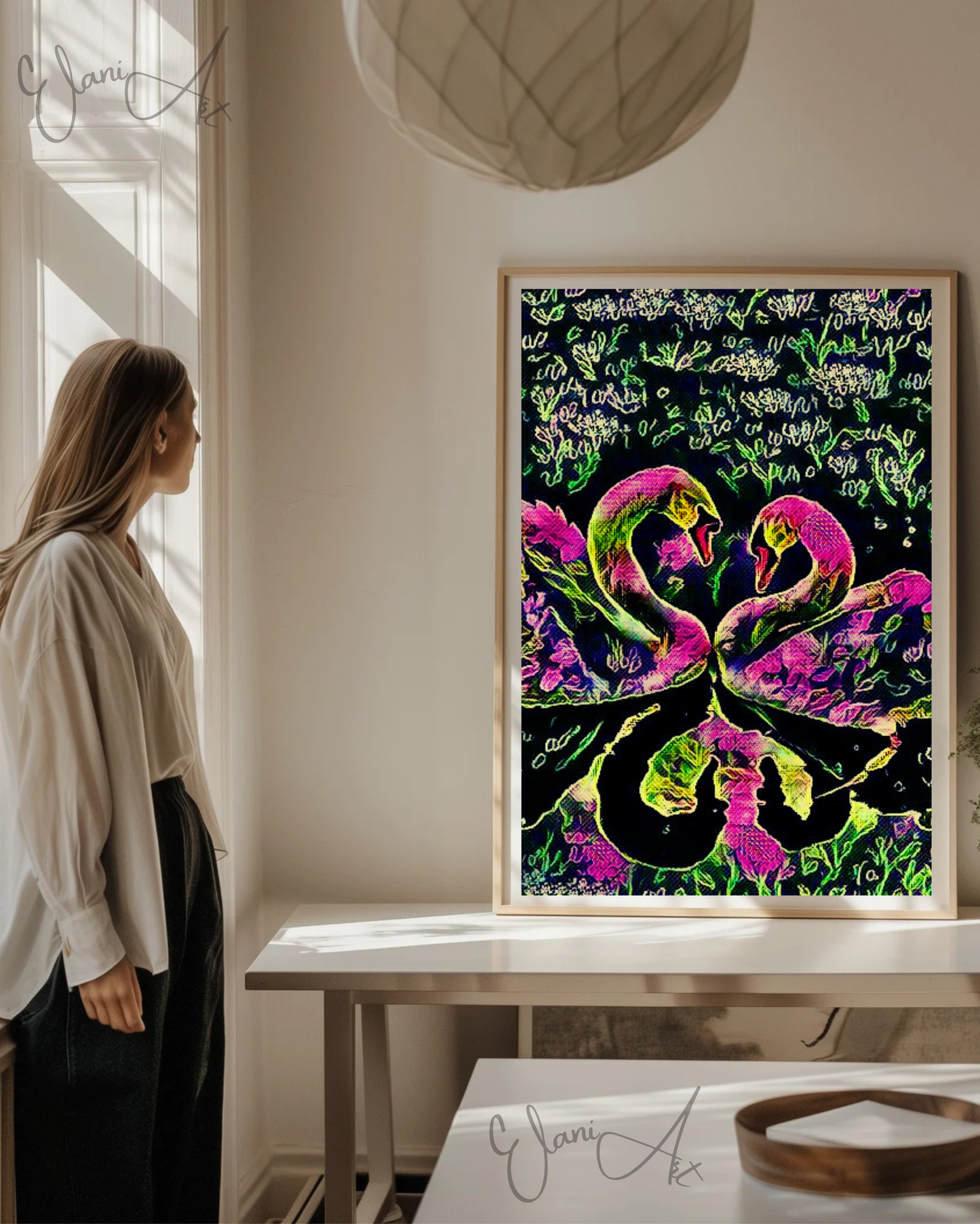 SWAN LOVE - An Original Vibrant Colorful Pink Black Two Swans Swan Couple in a Grassy Pond Impressionistic Wall Artwork Print by ElaniArt