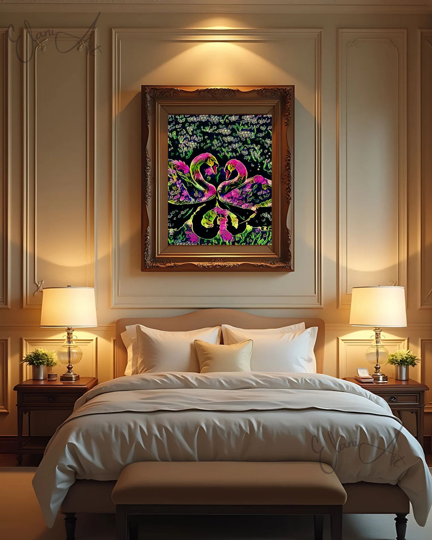 SWAN LOVE - An Original Vibrant Colorful Pink Black Two Swans Swan Couple in a Grassy Pond Impressionistic Wall Artwork Print by ElaniArt