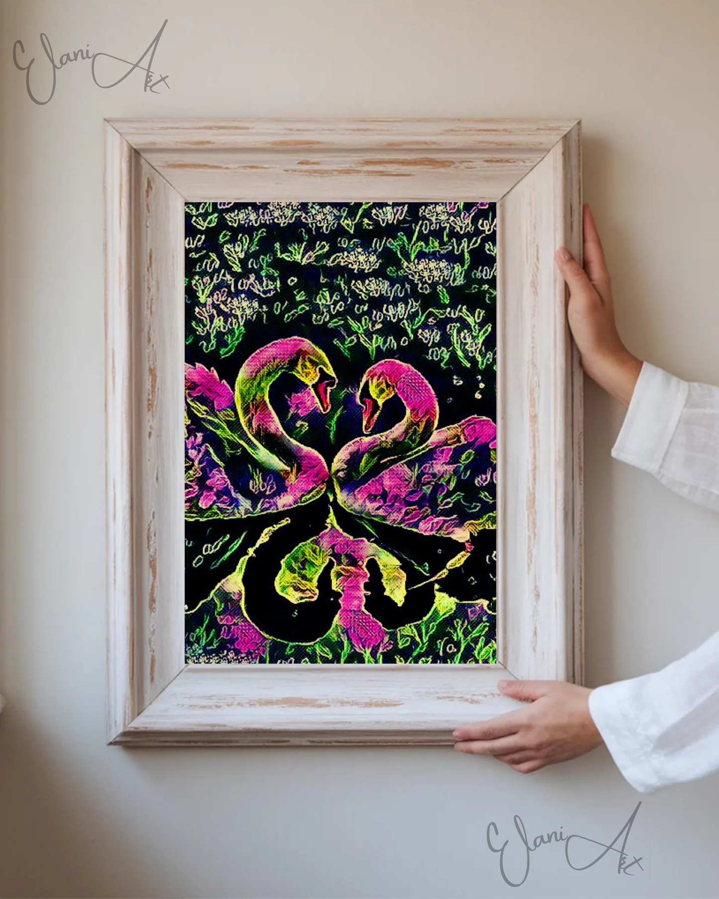 SWAN LOVE - An Original Vibrant Colorful Pink Black Two Swans Swan Couple in a Grassy Pond Impressionistic Wall Artwork Print by ElaniArt