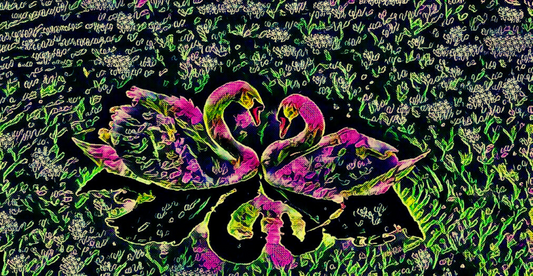 SWAN LOVE - An Original Vibrant Colorful Pink Black Two Swans Swan Couple in a Grassy Pond Impressionistic Wall Artwork Print by ElaniArt
