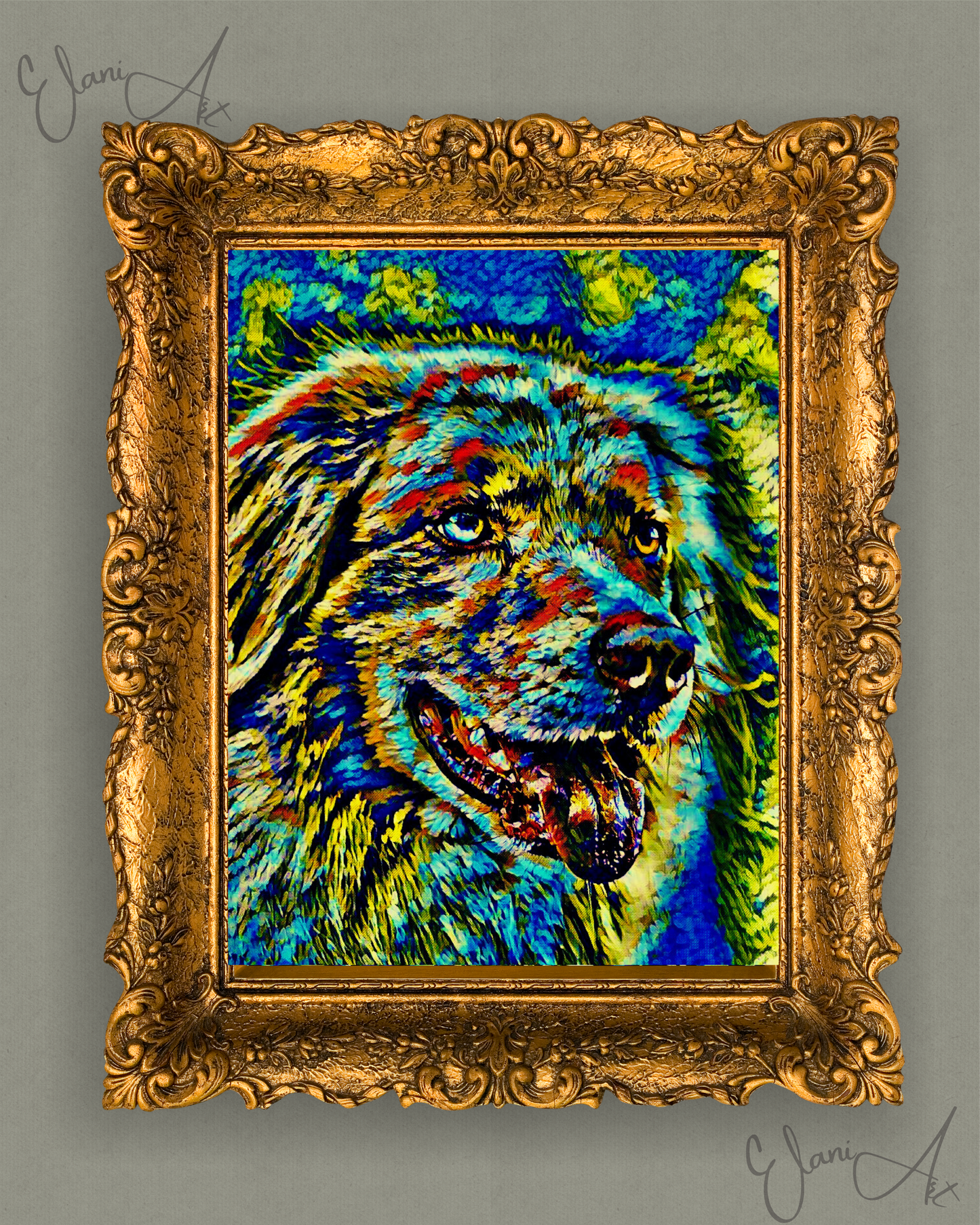 SPARKY - An Original Vibrant Blue Green Floppy Ears Dog Pet Portrait Open-Mouthed Happy Animal Impressionistic Artwork Print by ElaniArt