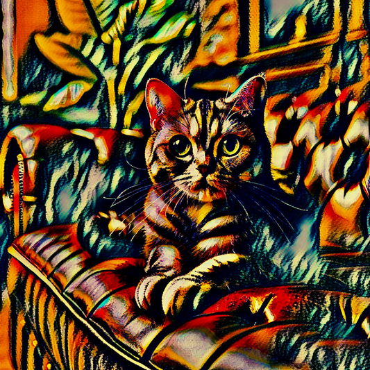 TABBY - An Original Red Vibrant Colorful Tabby Cat on a Sofa Expressive Eyes Animal Portrait Impressionistic Wall Artwork Print by ElaniArt