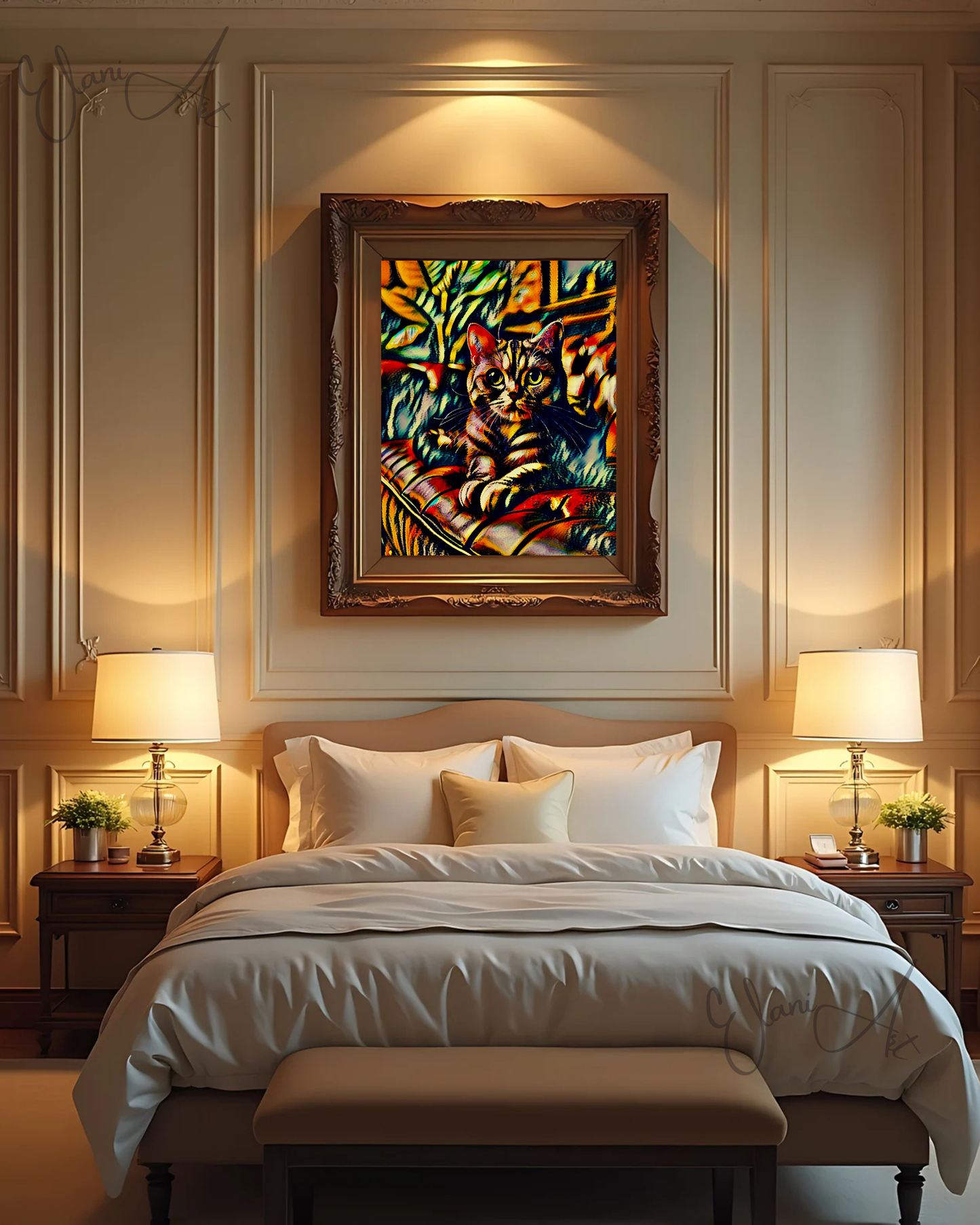 TABBY - An Original Red Vibrant Colorful Tabby Cat on a Sofa Expressive Eyes Animal Portrait Impressionistic Wall Artwork Print by ElaniArt