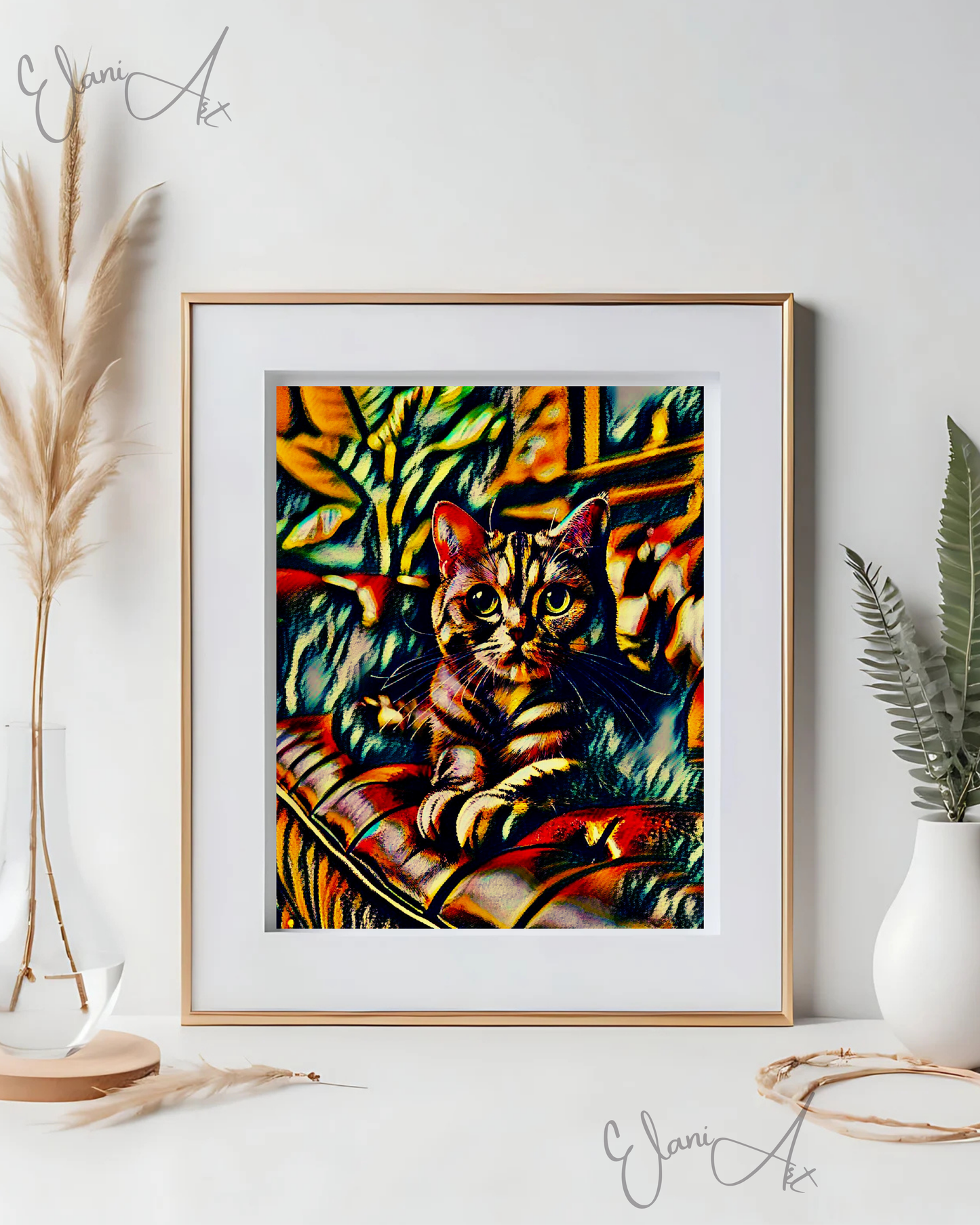 TABBY - An Original Red Vibrant Colorful Tabby Cat on a Sofa Expressive Eyes Animal Portrait Impressionistic Wall Artwork Print by ElaniArt