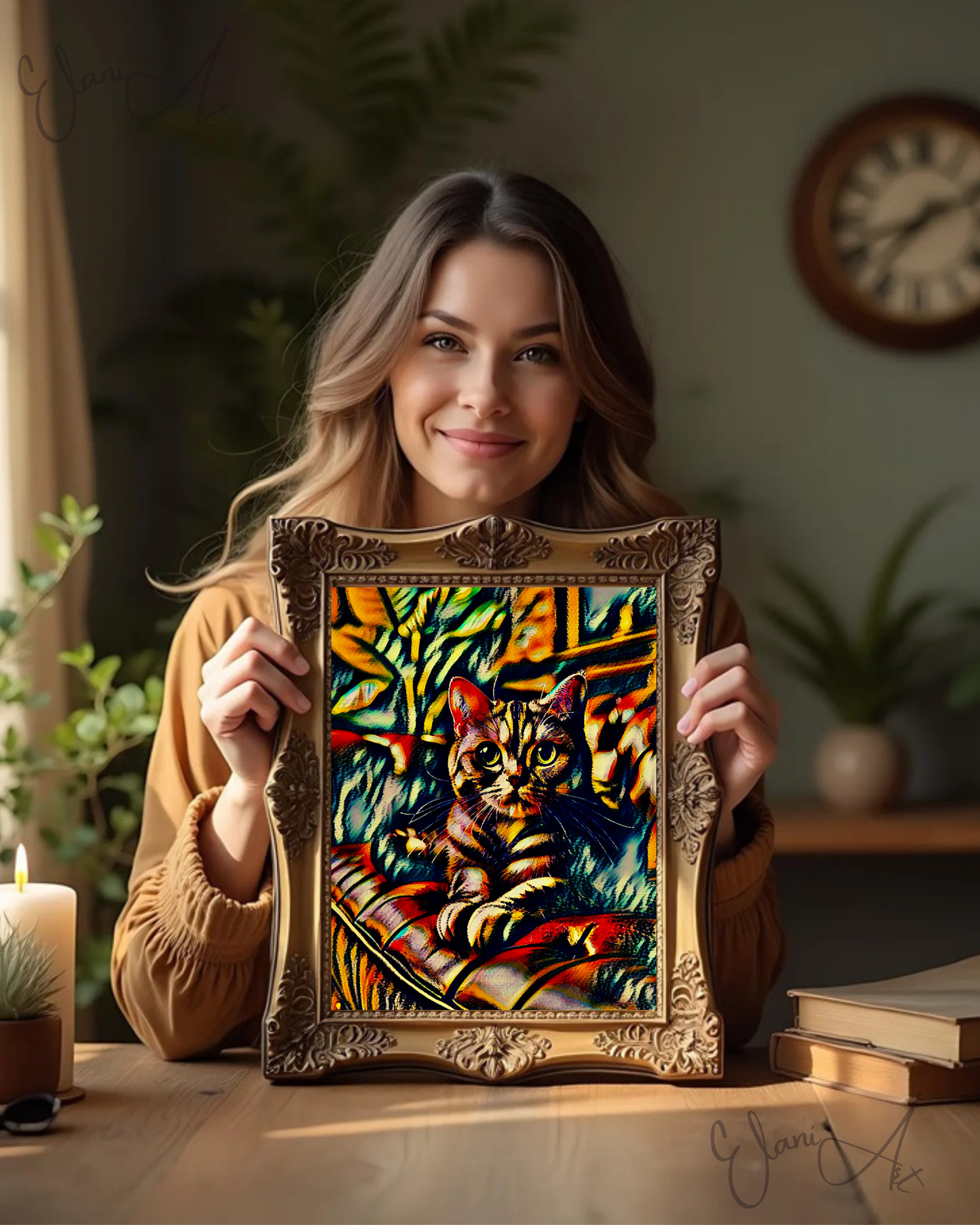 TABBY - An Original Red Vibrant Colorful Tabby Cat on a Sofa Expressive Eyes Animal Portrait Impressionistic Wall Artwork Print by ElaniArt