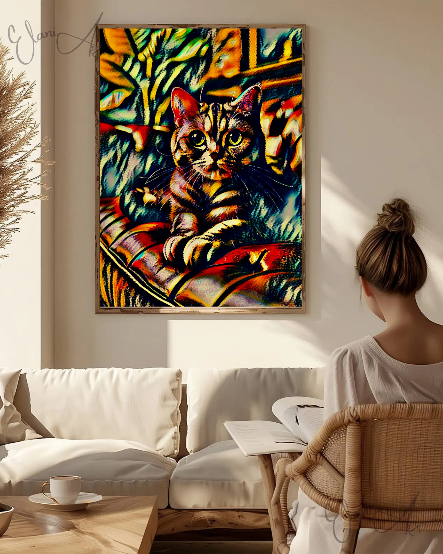 TABBY - An Original Red Vibrant Colorful Tabby Cat on a Sofa Expressive Eyes Animal Portrait Impressionistic Wall Artwork Print by ElaniArt