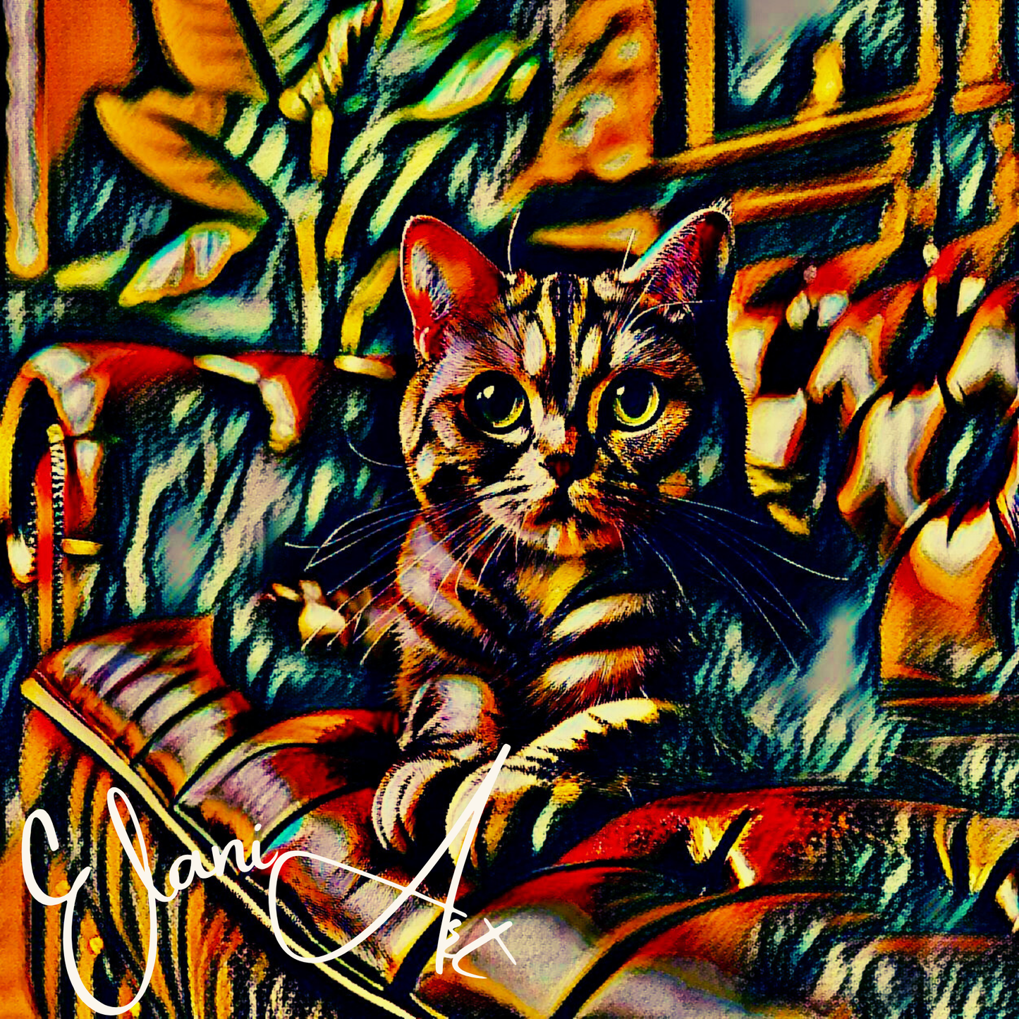 TABBY - An Original Red Vibrant Colorful Tabby Cat on a Sofa Expressive Eyes Animal Portrait Impressionistic Wall Artwork Print by ElaniArt