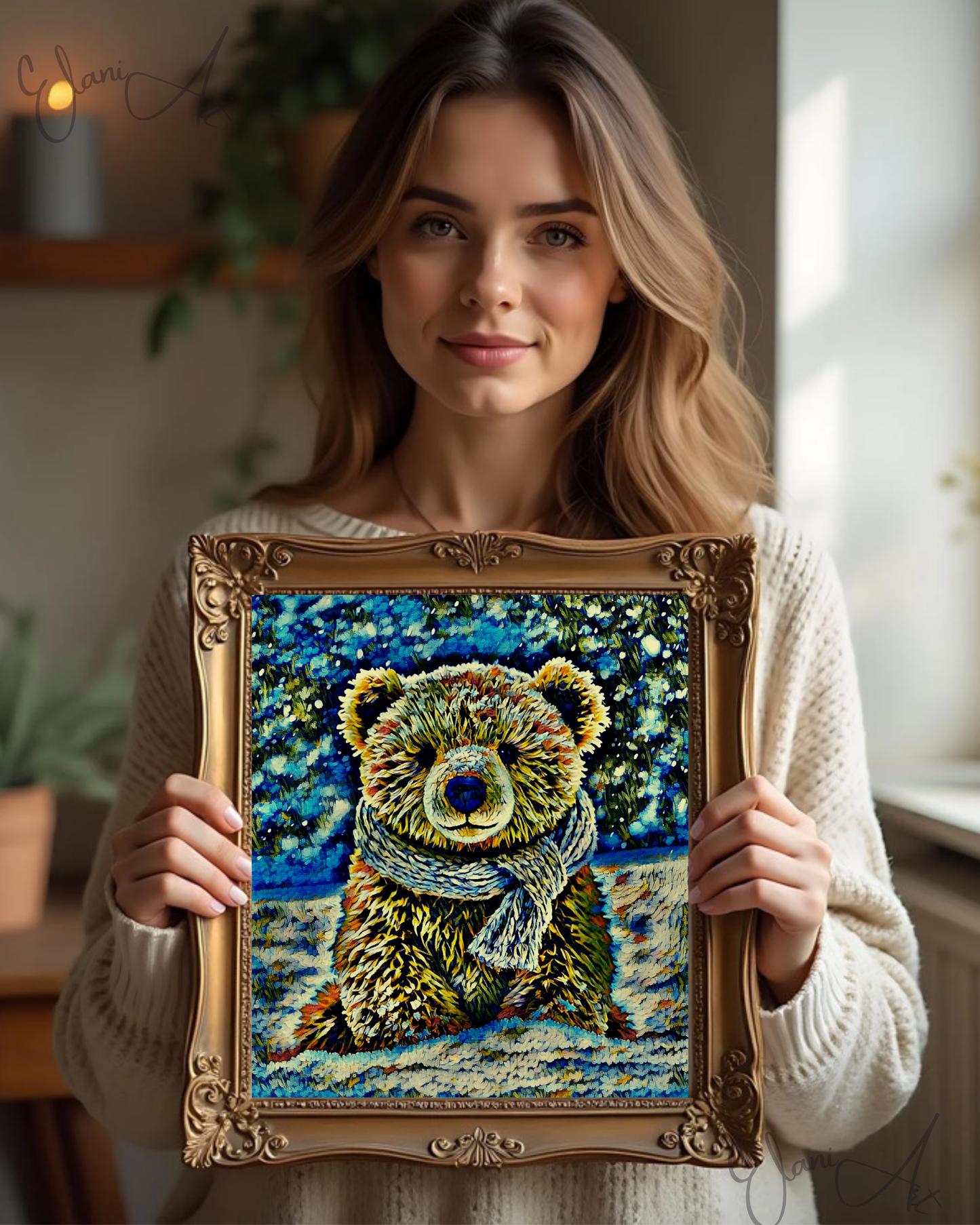 TEDDY BEAR IN THE SNOW - An Original Vivid Brown Blue Teddy Bear w/ Scarf in Snow Portrait Winter Impressionistic Artwork Print by ElaniArt