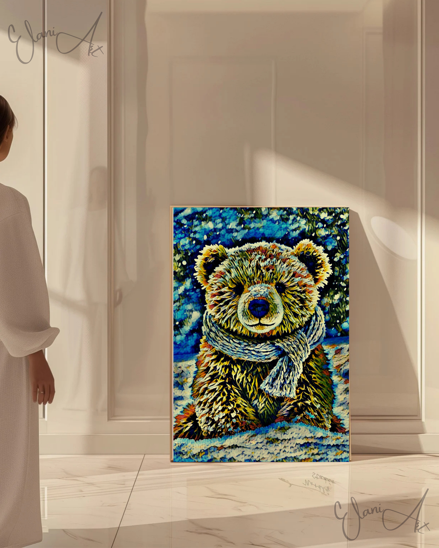 TEDDY BEAR IN THE SNOW - An Original Vivid Brown Blue Teddy Bear w/ Scarf in Snow Portrait Winter Impressionistic Artwork Print by ElaniArt