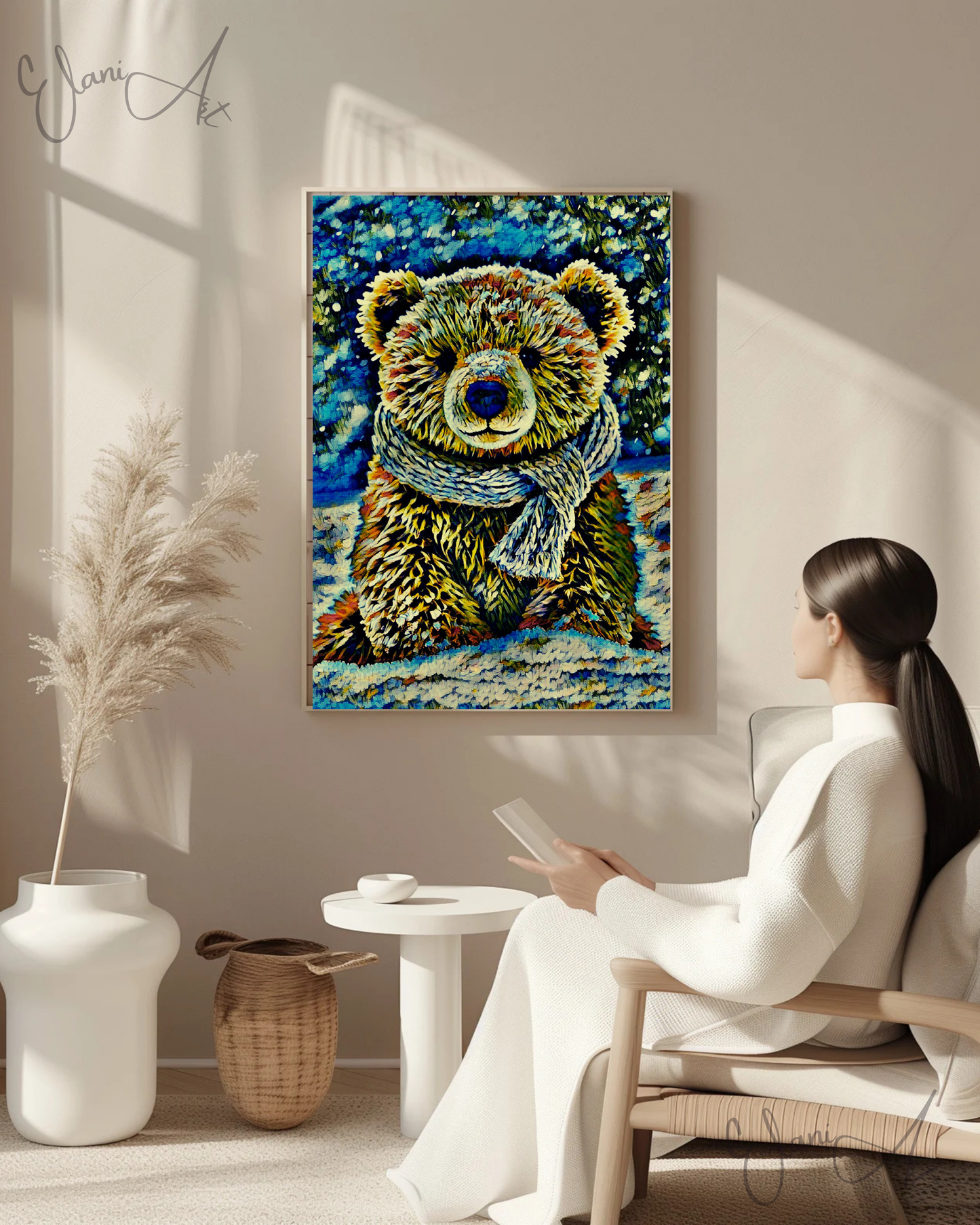 TEDDY BEAR IN THE SNOW - An Original Vivid Brown Blue Teddy Bear w/ Scarf in Snow Portrait Winter Impressionistic Artwork Print by ElaniArt