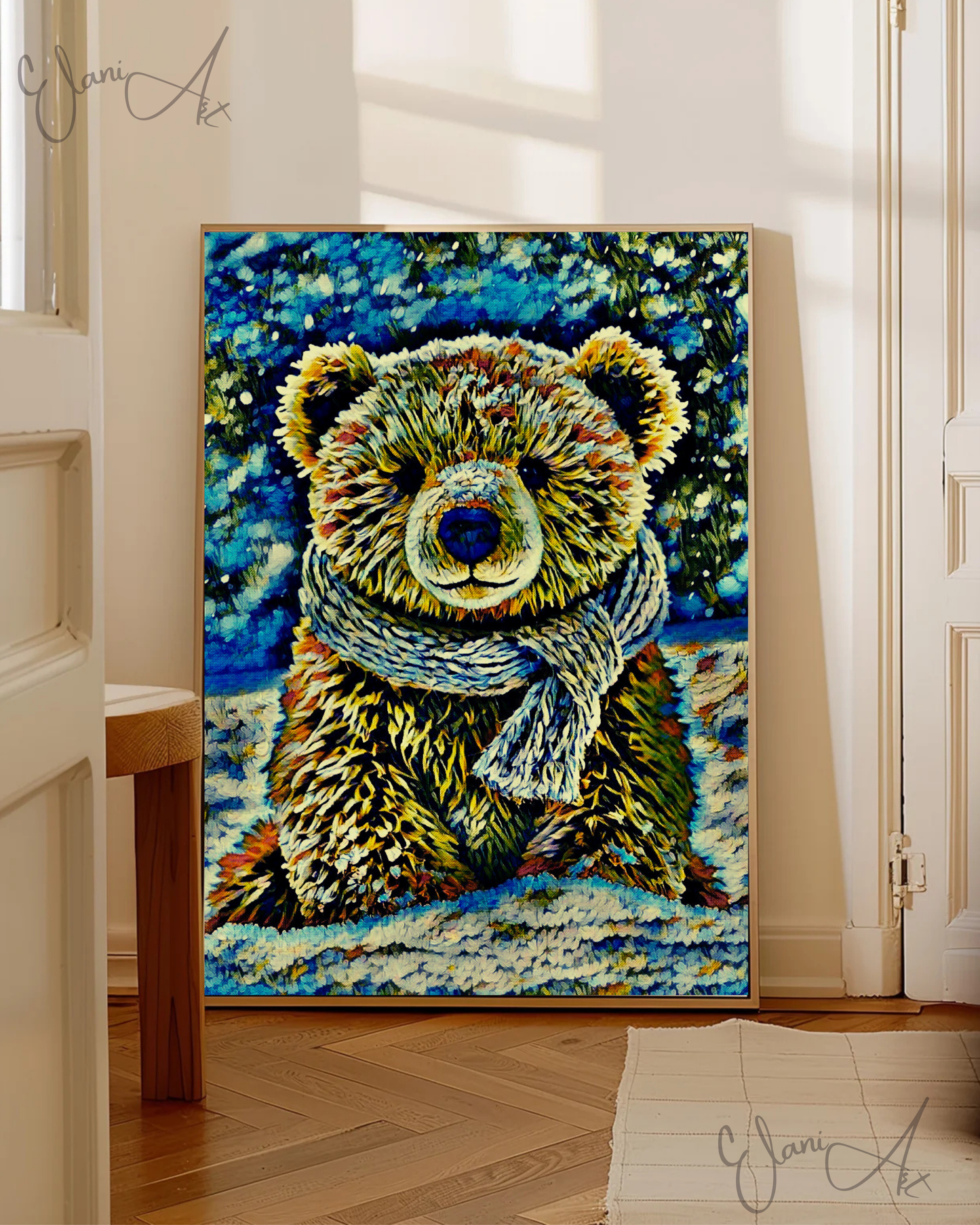 TEDDY BEAR IN THE SNOW - An Original Vivid Brown Blue Teddy Bear w/ Scarf in Snow Portrait Winter Impressionistic Artwork Print by ElaniArt