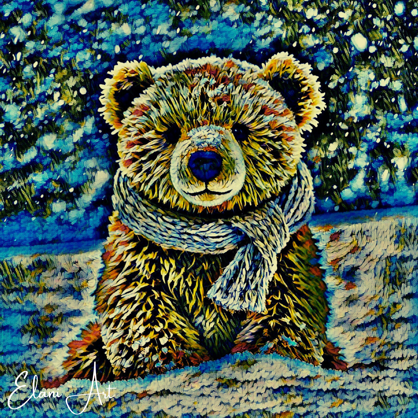TEDDY BEAR IN THE SNOW - An Original Vivid Brown Blue Teddy Bear w/ Scarf in Snow Portrait Winter Impressionistic Artwork Print by ElaniArt