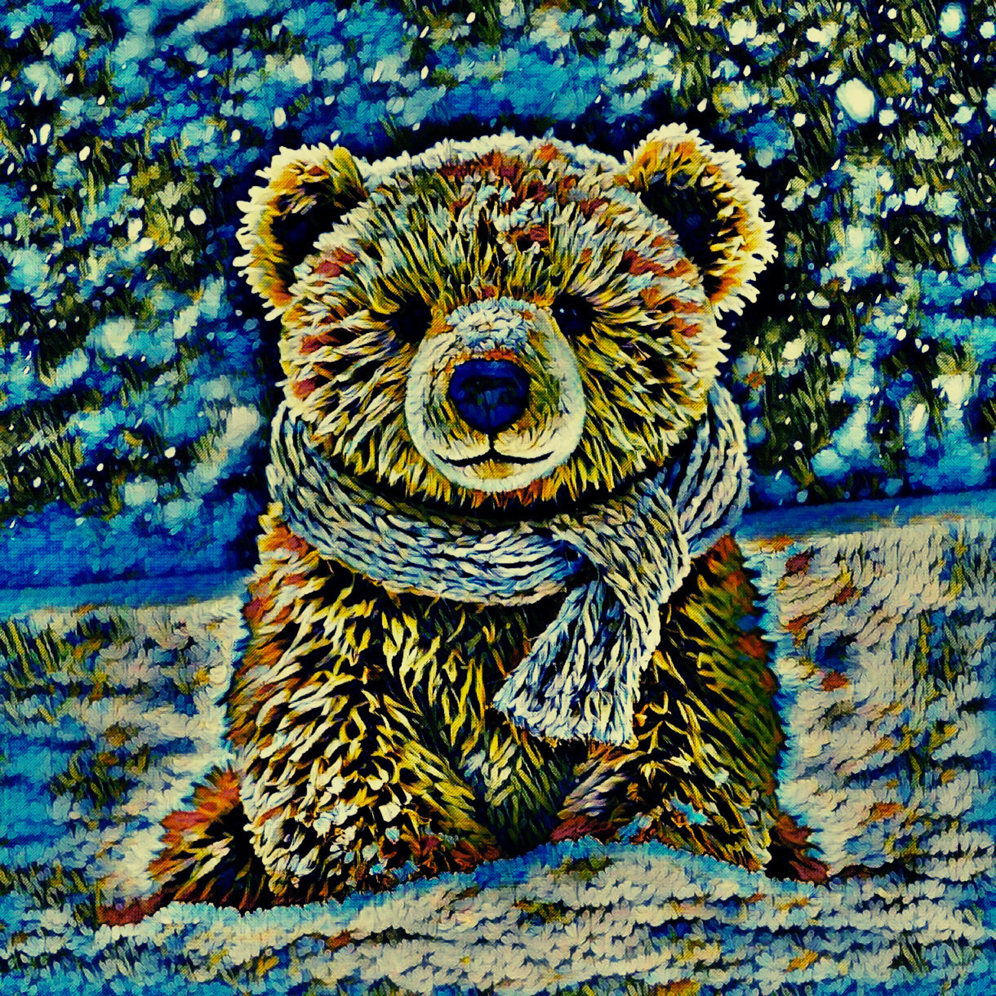 TEDDY BEAR IN THE SNOW - An Original Vivid Brown Blue Teddy Bear w/ Scarf in Snow Portrait Winter Impressionistic Artwork Print by ElaniArt