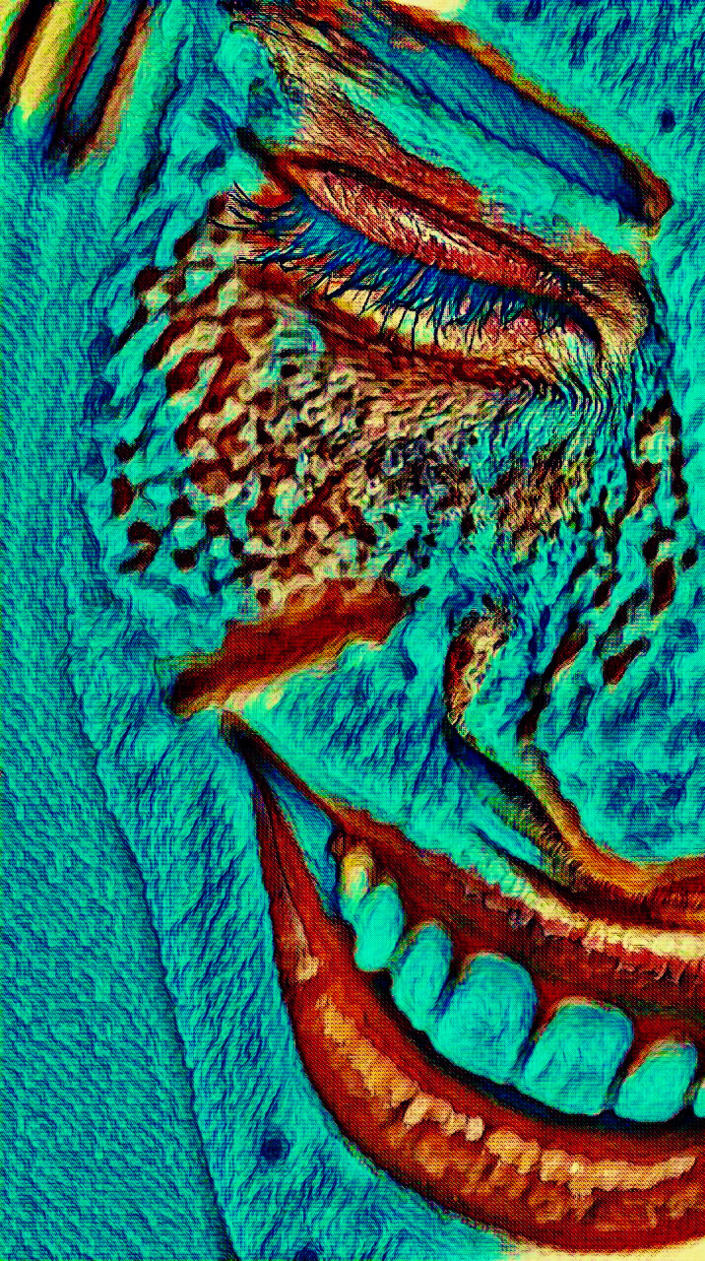 THAT'S FUNNY - An Original Vibrant Blue Green Teal Woman Smiling Open Mouth Freckles Portrait Impressionistic Wall Artwork Print by ElaniArt