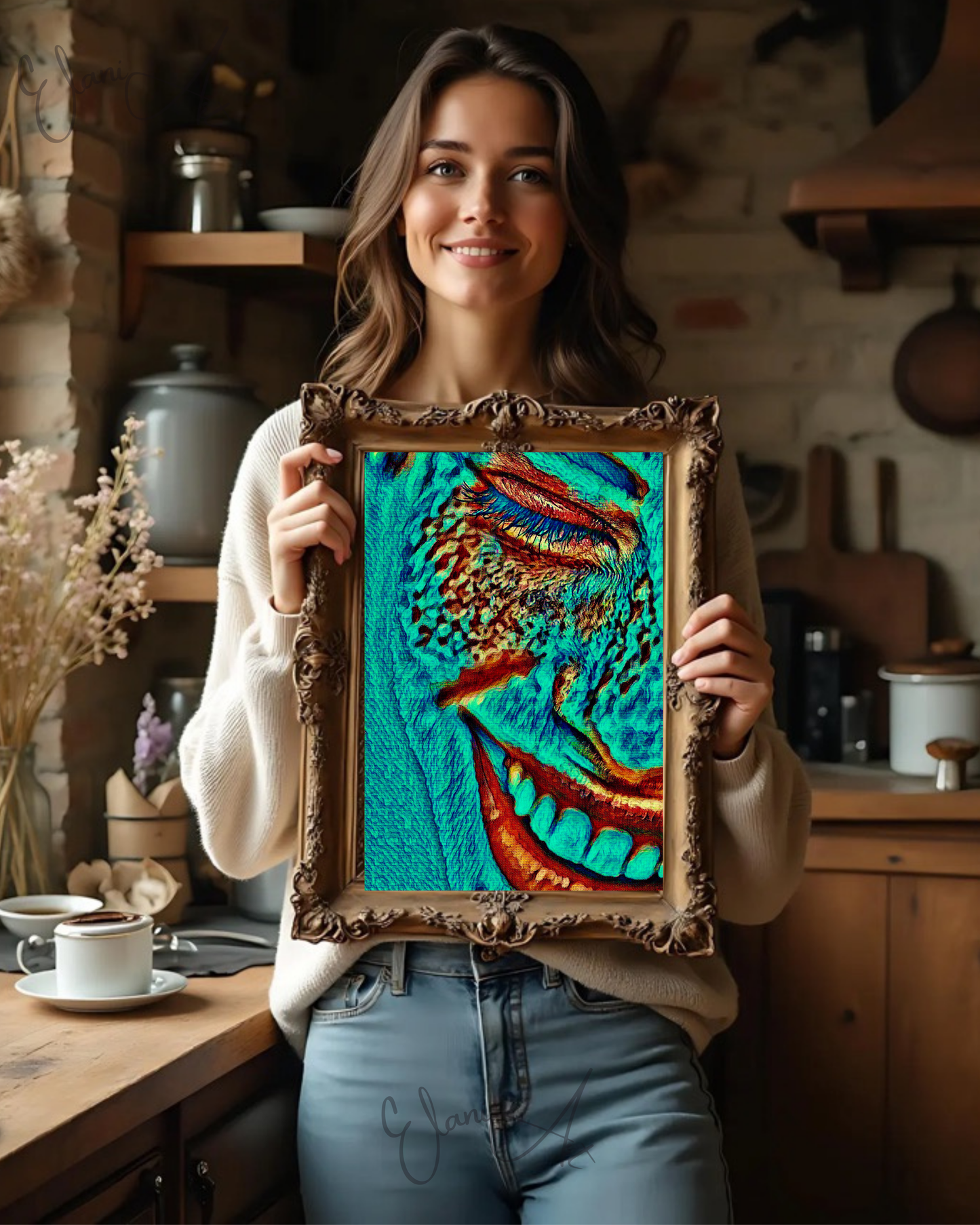 THAT'S FUNNY - An Original Vibrant Blue Green Teal Woman Smiling Open Mouth Freckles Portrait Impressionistic Wall Artwork Print by ElaniArt