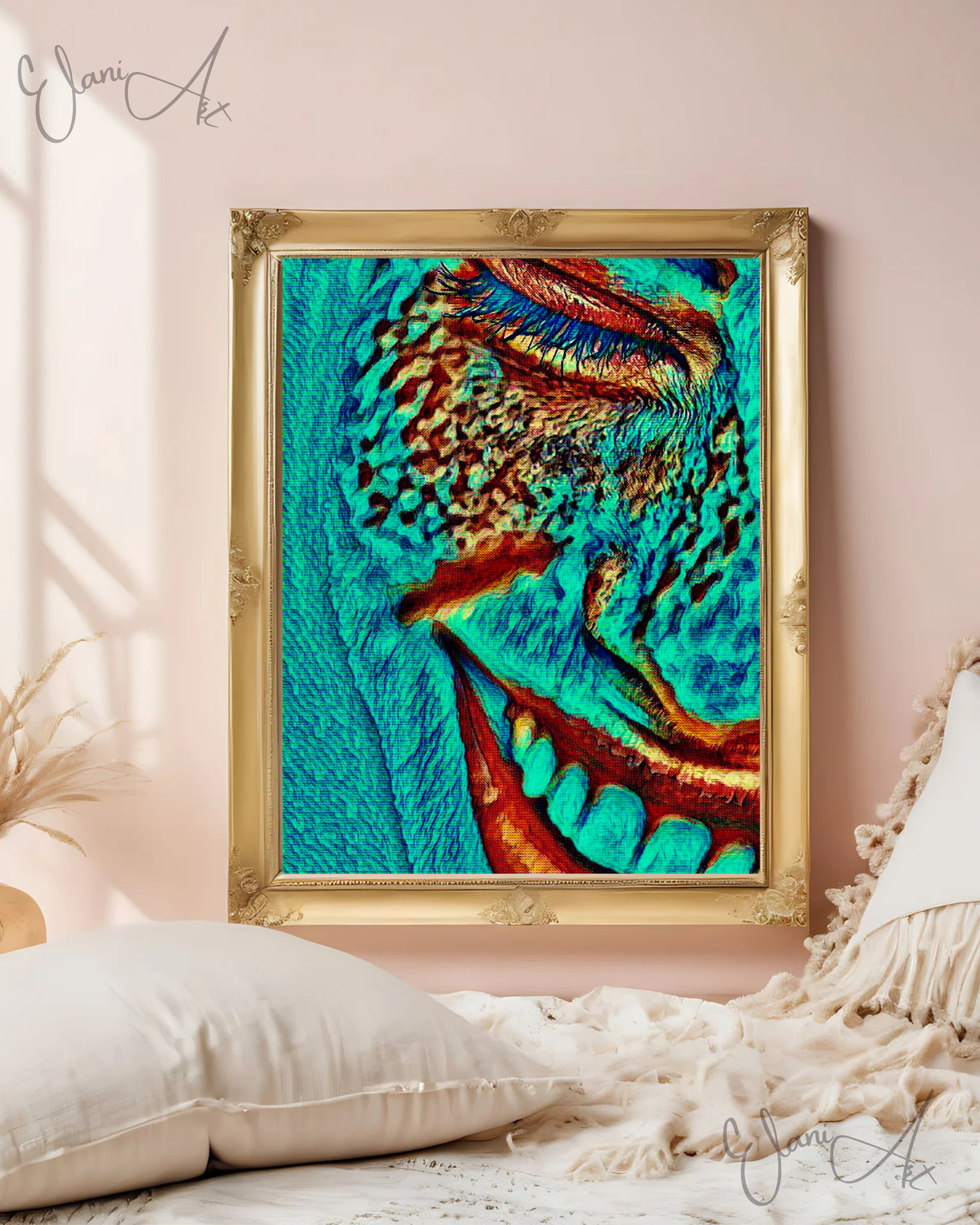 THAT'S FUNNY - An Original Vibrant Blue Green Teal Woman Smiling Open Mouth Freckles Portrait Impressionistic Wall Artwork Print by ElaniArt
