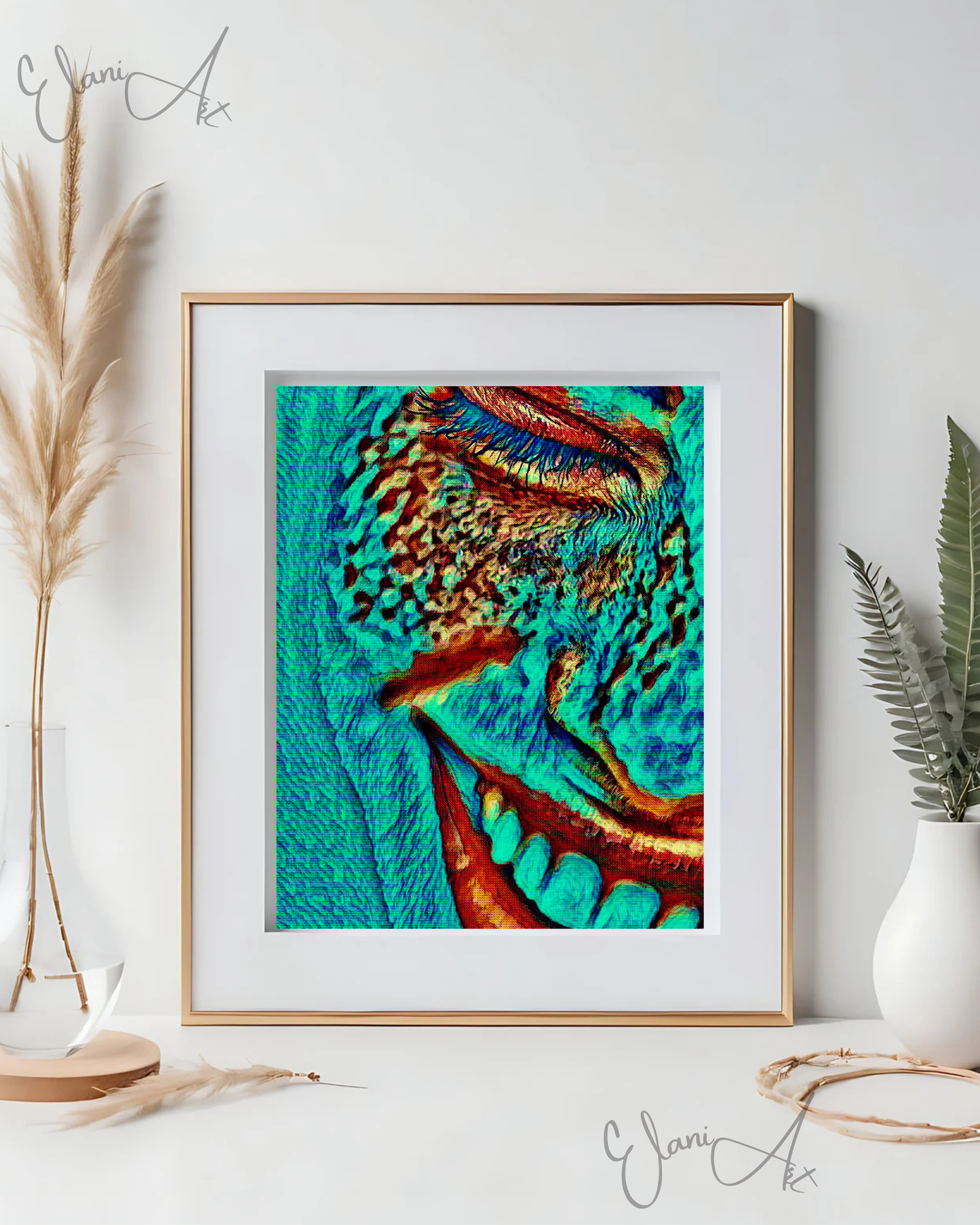 THAT'S FUNNY - An Original Vibrant Blue Green Teal Woman Smiling Open Mouth Freckles Portrait Impressionistic Wall Artwork Print by ElaniArt