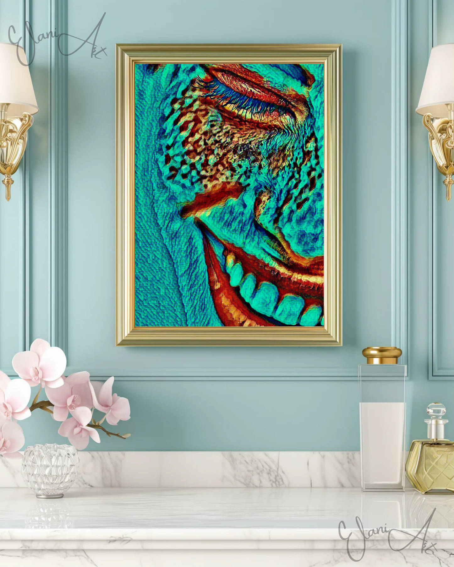 THAT'S FUNNY - An Original Vibrant Blue Green Teal Woman Smiling Open Mouth Freckles Portrait Impressionistic Wall Artwork Print by ElaniArt