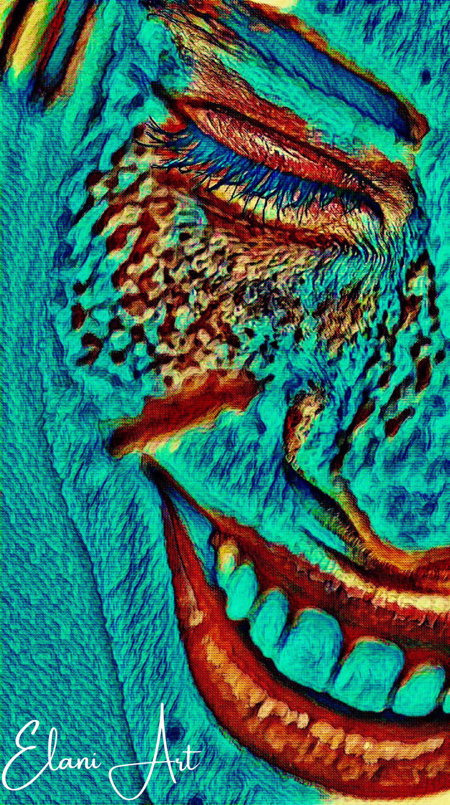 THAT'S FUNNY - An Original Vibrant Blue Green Teal Woman Smiling Open Mouth Freckles Portrait Impressionistic Wall Artwork Print by ElaniArt