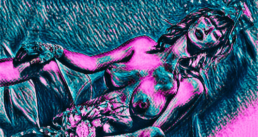 THE 1988 BRIDE - An Original Vibrant Teal Pink Erotic Nude Bride Flowers Portrait Impressionistic Artwork Print - Erotic Art by ElaniArt