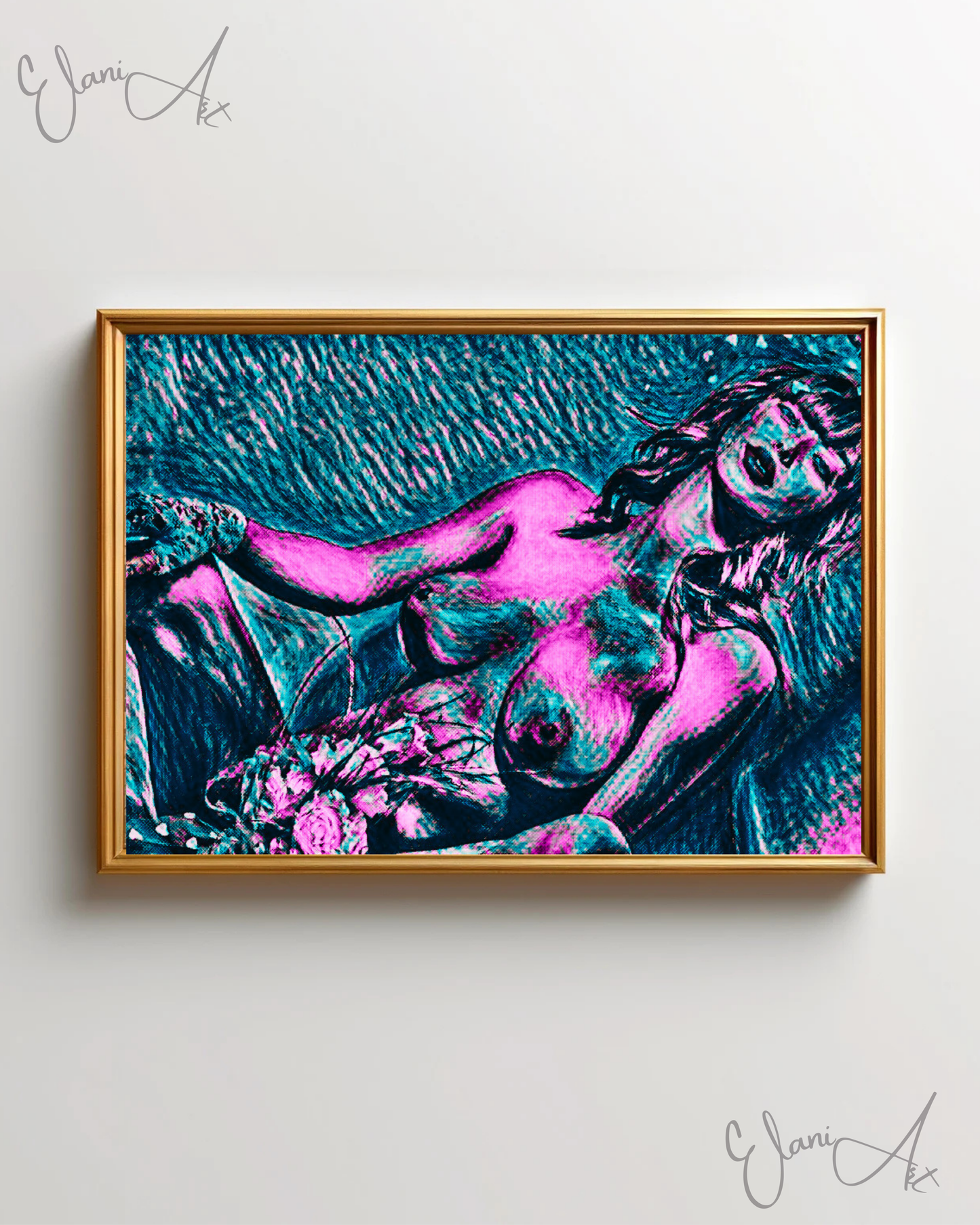 THE 1988 BRIDE - An Original Vibrant Teal Pink Erotic Nude Bride Flowers Portrait Impressionistic Artwork Print - Erotic Art by ElaniArt
