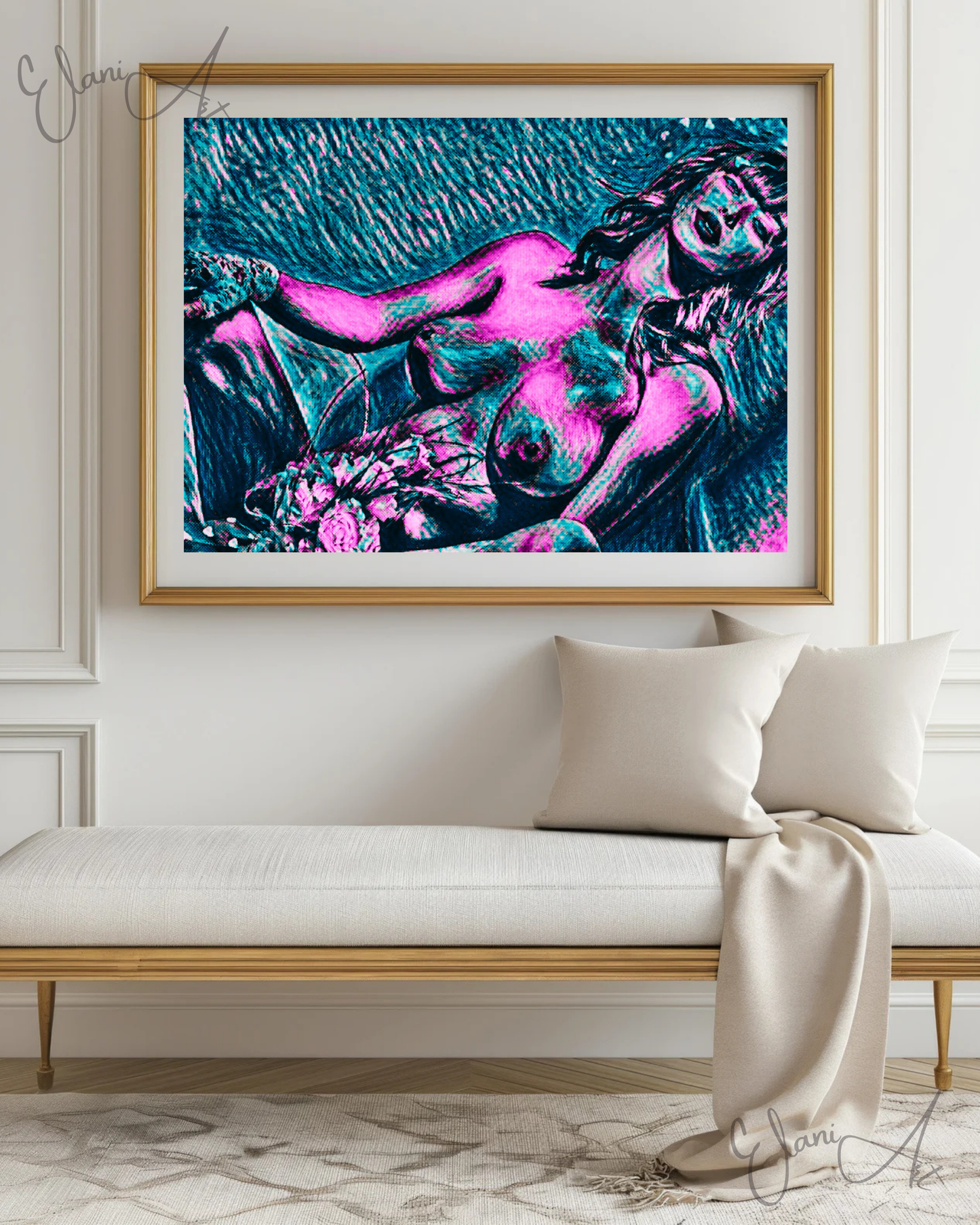 THE 1988 BRIDE - An Original Vibrant Teal Pink Erotic Nude Bride Flowers Portrait Impressionistic Artwork Print - Erotic Art by ElaniArt