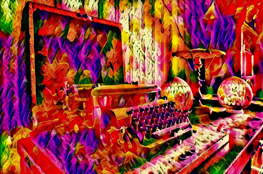 THE ANTIQUE - An Original Vibrant Red Colorful Vintage Typewriter in Case Typing Impressionistic Wall Artwork Print by ElaniArt