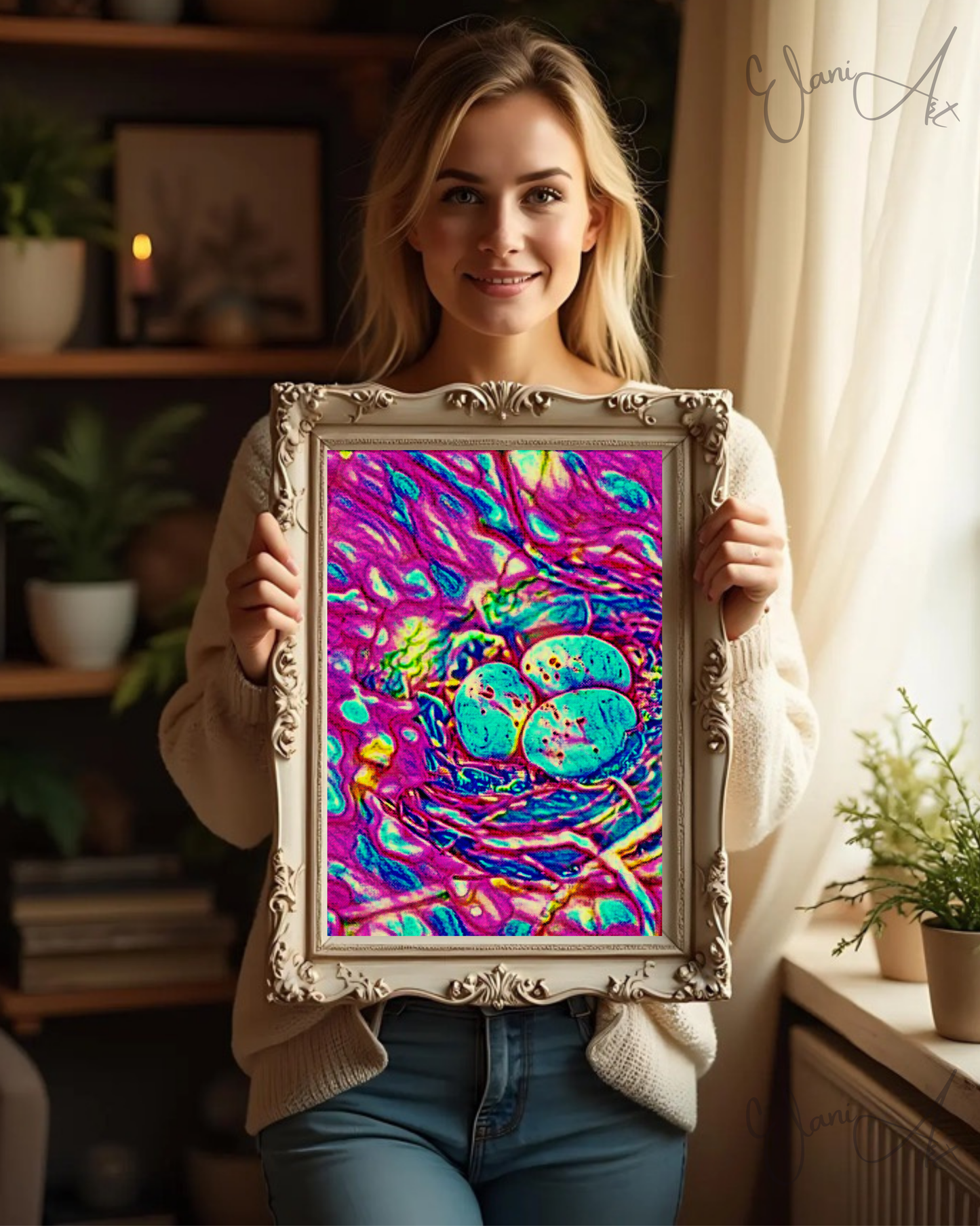 THE BIRD'S NEST - An Original Vibrant Colorful Pink Bird's Nest with Three Blue Eggs Home Impressionistic Wall Artwork Print by ElaniArt