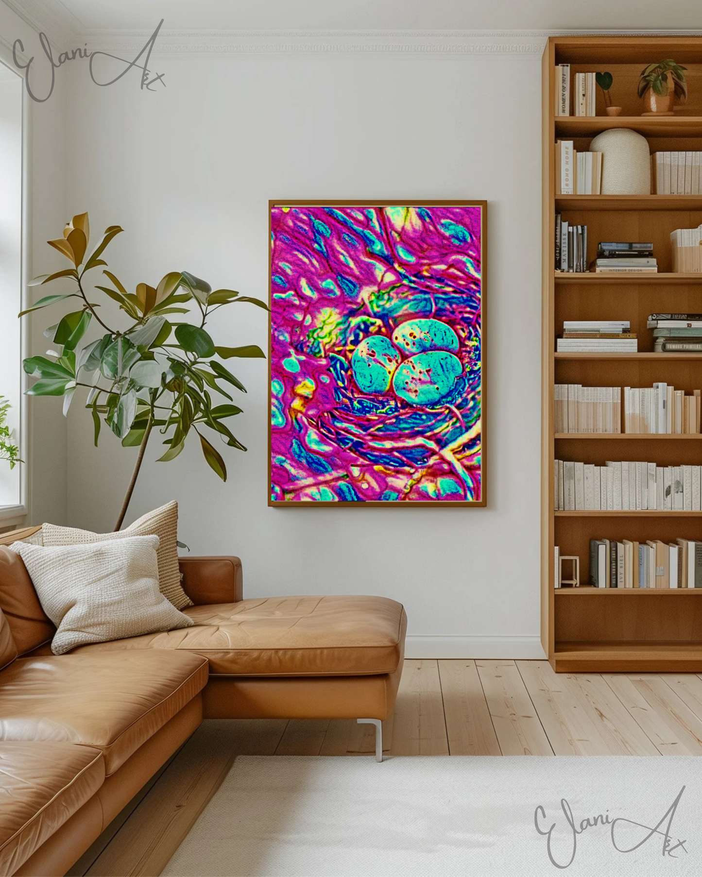 THE BIRD'S NEST - An Original Vibrant Colorful Pink Bird's Nest with Three Blue Eggs Home Impressionistic Wall Artwork Print by ElaniArt