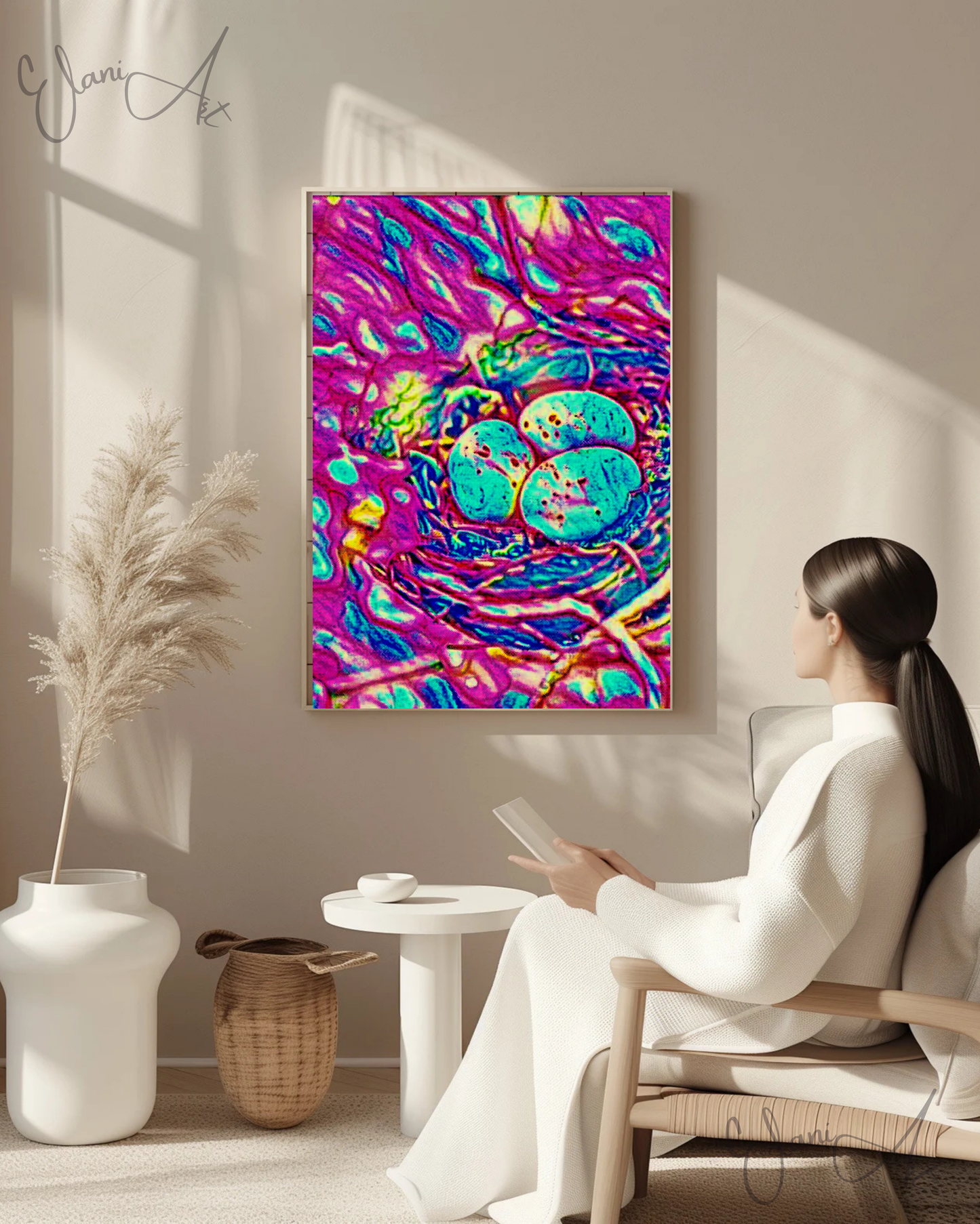 THE BIRD'S NEST - An Original Vibrant Colorful Pink Bird's Nest with Three Blue Eggs Home Impressionistic Wall Artwork Print by ElaniArt