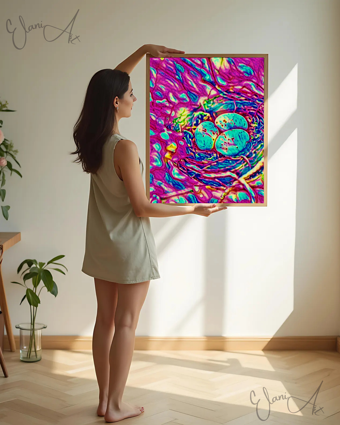 THE BIRD'S NEST - An Original Vibrant Colorful Pink Bird's Nest with Three Blue Eggs Home Impressionistic Wall Artwork Print by ElaniArt