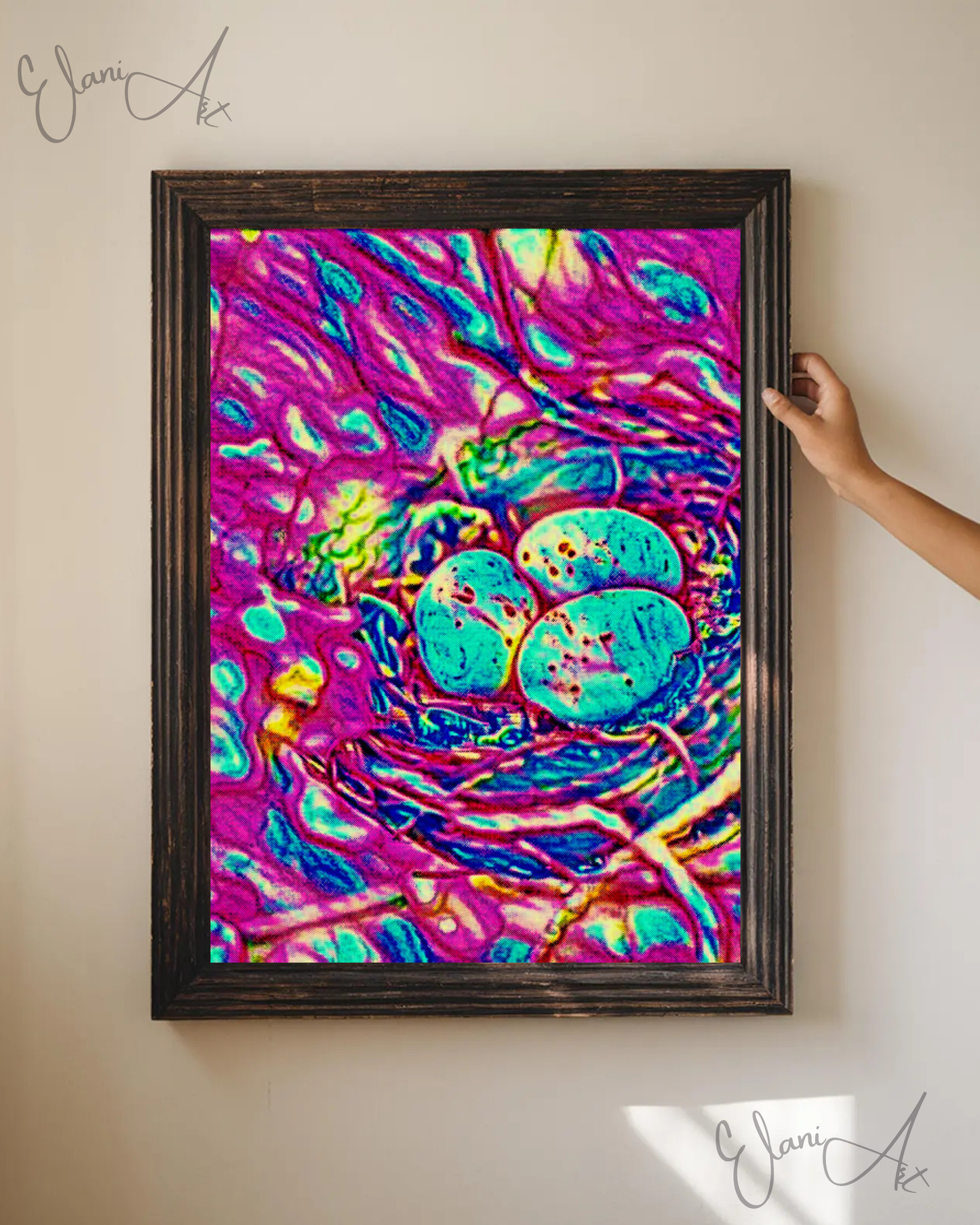THE BIRD'S NEST - An Original Vibrant Colorful Pink Bird's Nest with Three Blue Eggs Home Impressionistic Wall Artwork Print by ElaniArt
