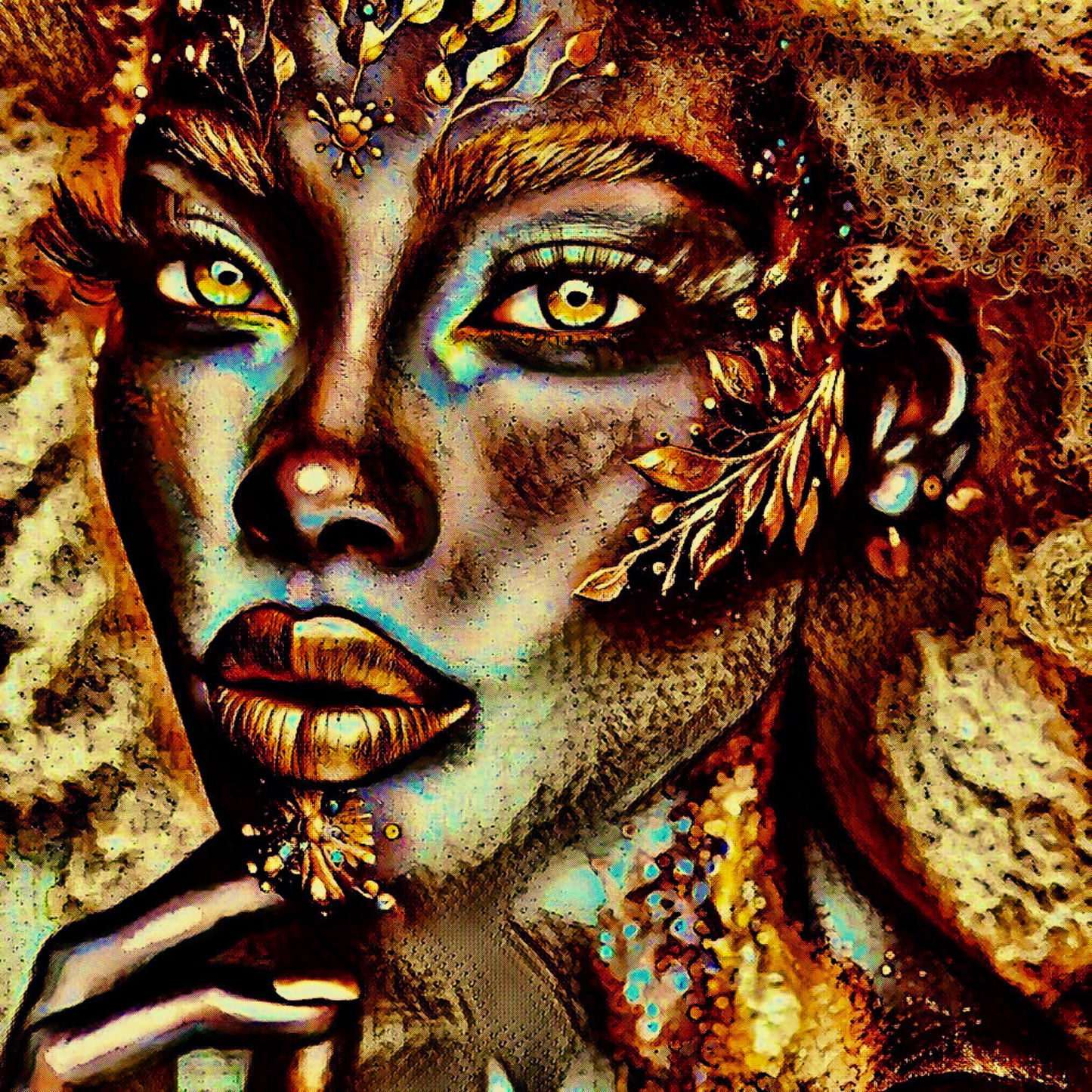 THE BRONZE BEAUTY - An Original Vibrant Gold Bronze African American Woman Foliage Face Portrait Impressionistic Artwork Print by ElaniArt