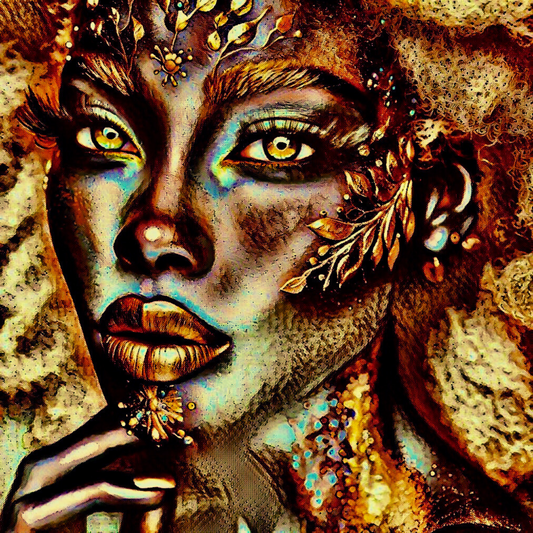 THE BRONZE BEAUTY - An Original Vibrant Gold Bronze African American Woman Foliage Face Portrait Impressionistic Artwork Print by ElaniArt