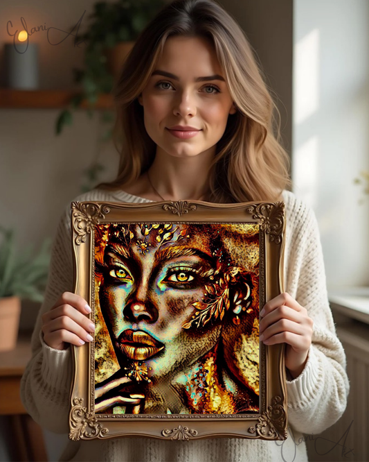 THE BRONZE BEAUTY - An Original Vibrant Gold Bronze African American Woman Foliage Face Portrait Impressionistic Artwork Print by ElaniArt