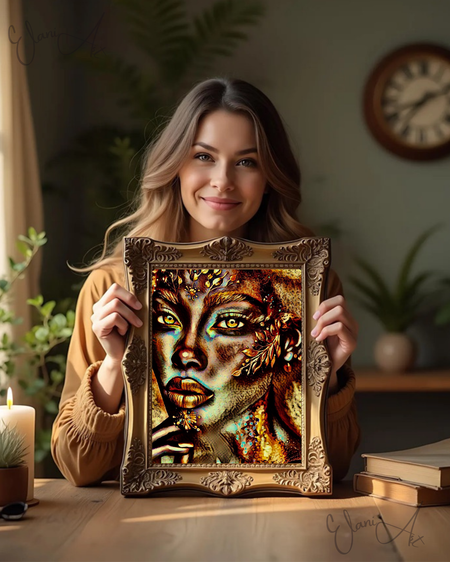 THE BRONZE BEAUTY - An Original Vibrant Gold Bronze African American Woman Foliage Face Portrait Impressionistic Artwork Print by ElaniArt