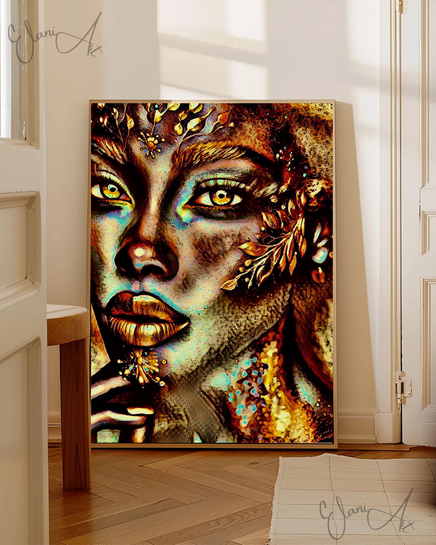 THE BRONZE BEAUTY - An Original Vibrant Gold Bronze African American Woman Foliage Face Portrait Impressionistic Artwork Print by ElaniArt