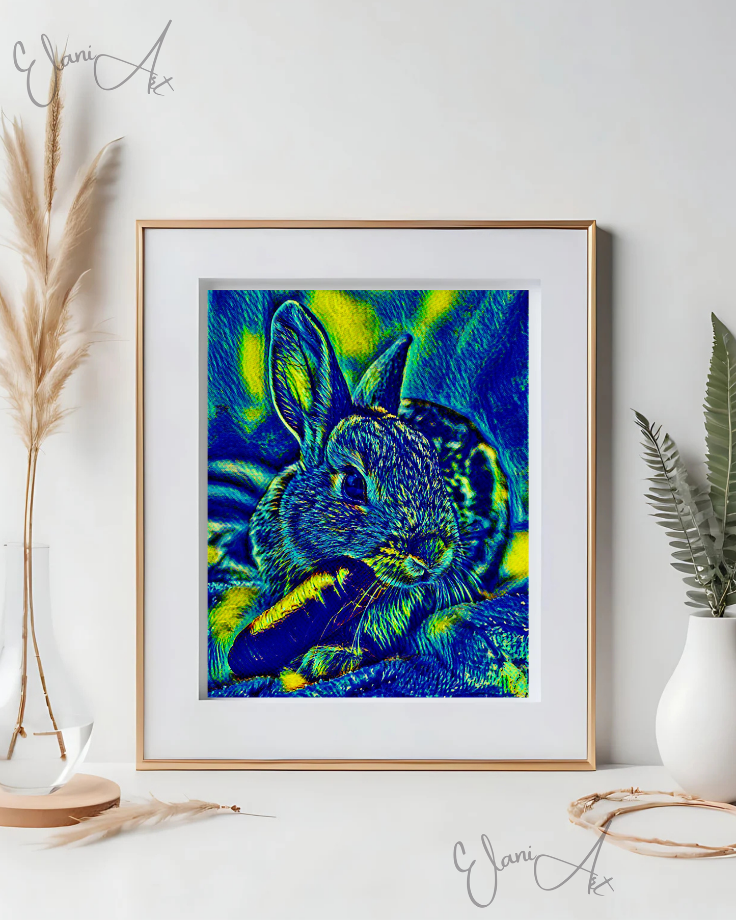 THE BUNNY AND THE CARROT - An Original Vibrant Blue Green Bunny Rabbit with a Carrot in Mouth Impressionistic Wall Artwork Print by ElaniArt