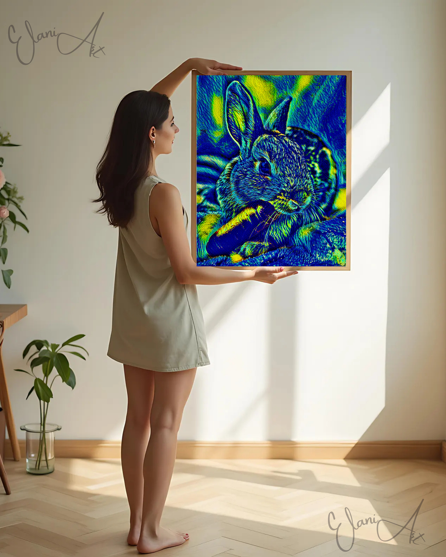 THE BUNNY AND THE CARROT - An Original Vibrant Blue Green Bunny Rabbit with a Carrot in Mouth Impressionistic Wall Artwork Print by ElaniArt