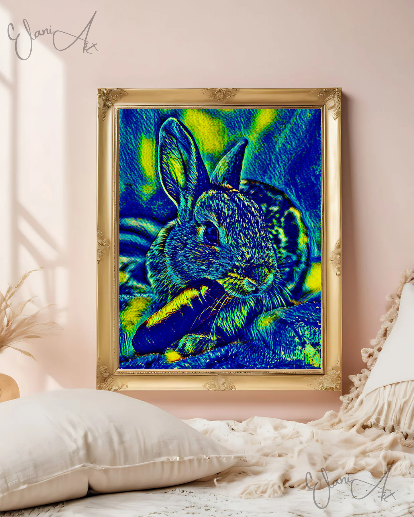 THE BUNNY AND THE CARROT - An Original Vibrant Blue Green Bunny Rabbit with a Carrot in Mouth Impressionistic Wall Artwork Print by ElaniArt